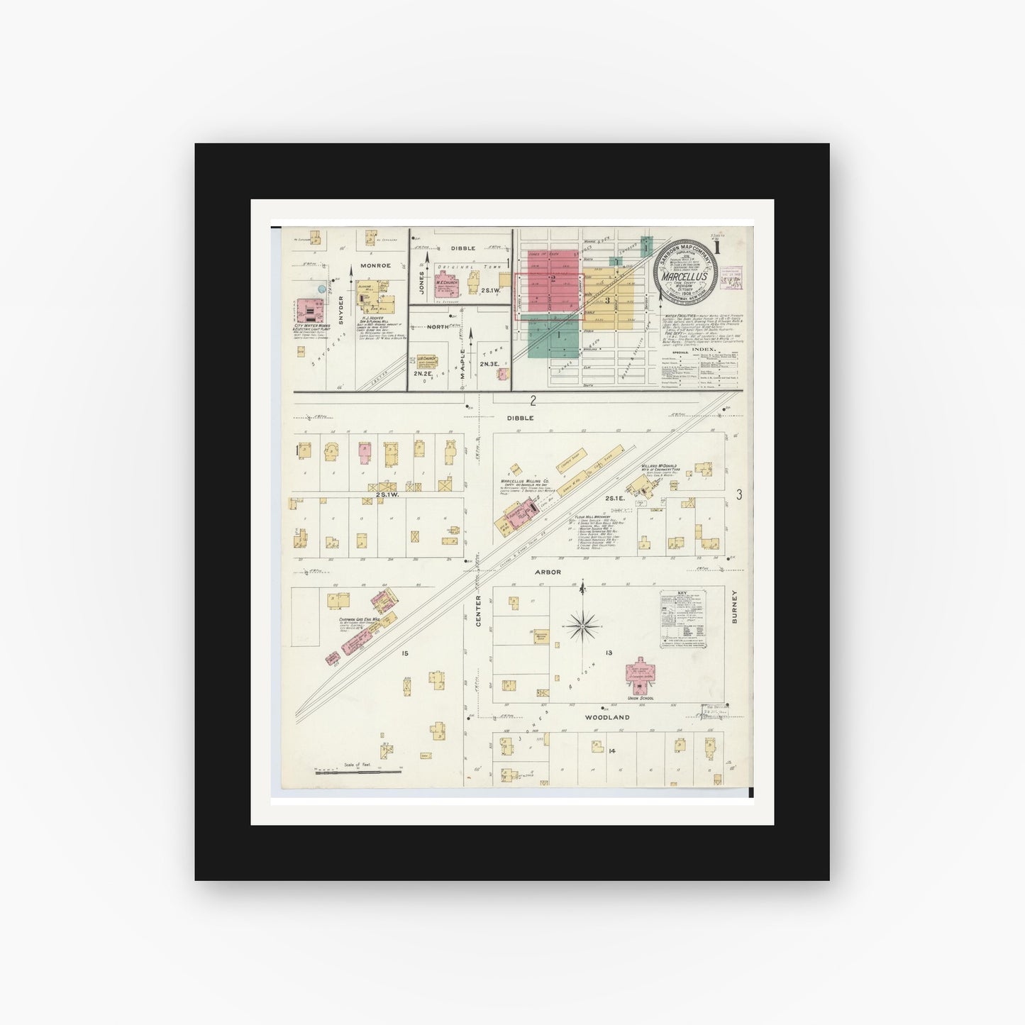 Old map wall art mockup β black gallery frame with white mat β Sanborn Fire Insurance Map from Marcellus, Cass County, Michigan (1908) - Complete Map Set