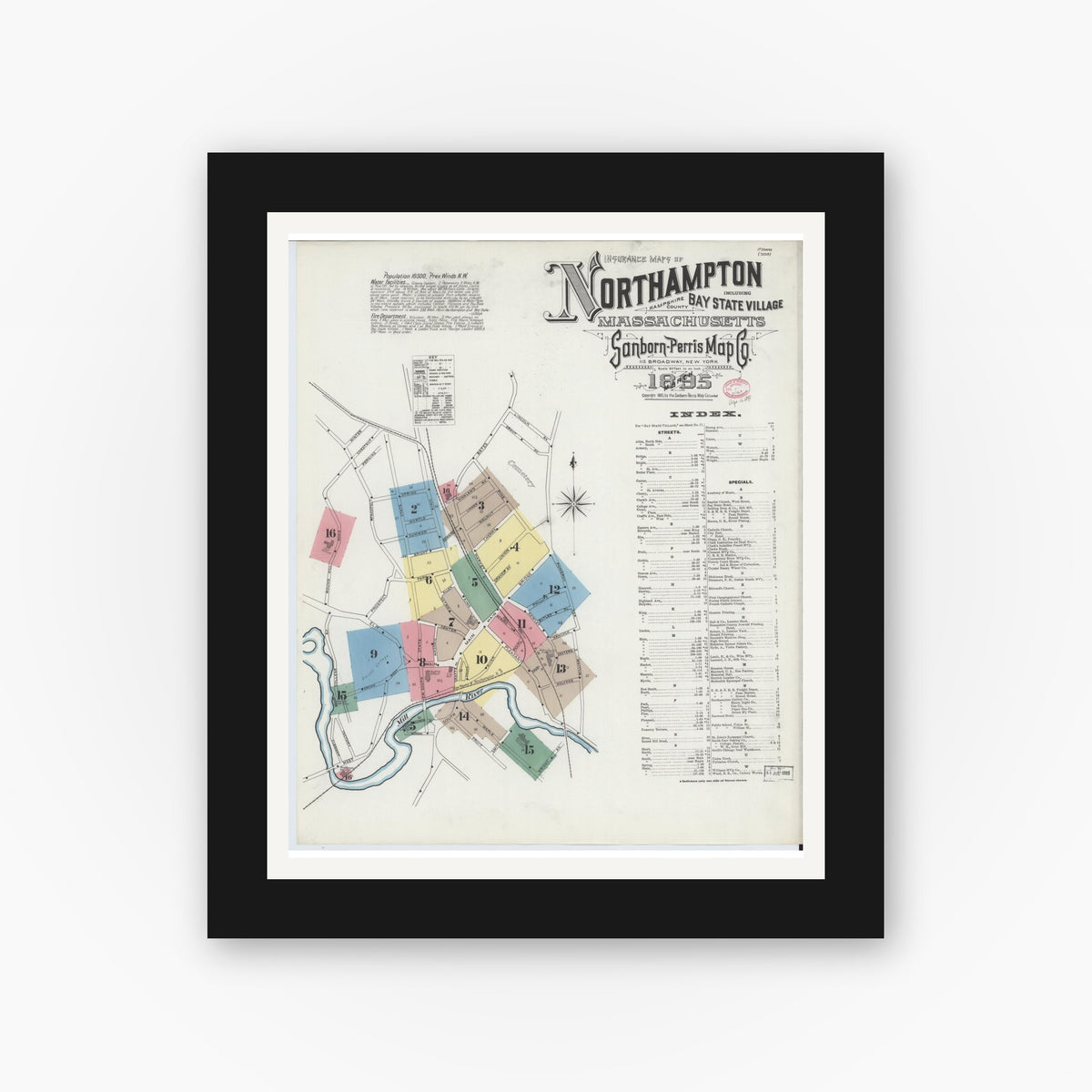 Old map wall art mockup — black gallery frame with white mat — Sanborn Fire Insurance Map from Northampton, Hampshire County, Massachusetts (1895), Sheet #0001