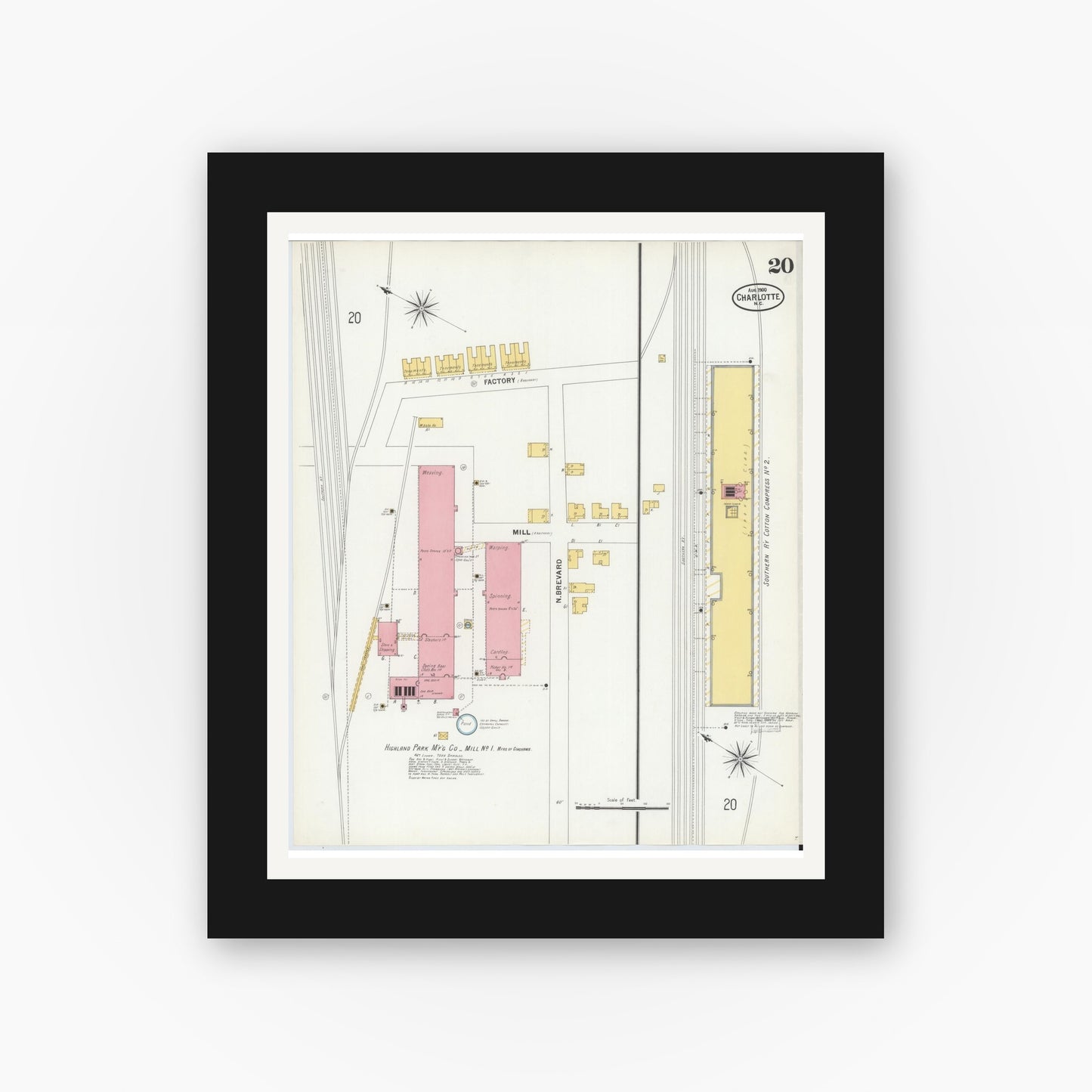 Old map wall art mockup — black gallery frame with white mat — Sanborn Fire Insurance Map from Charlotte, Mecklenburg County, North Carolina (1900), Sheet #0020
