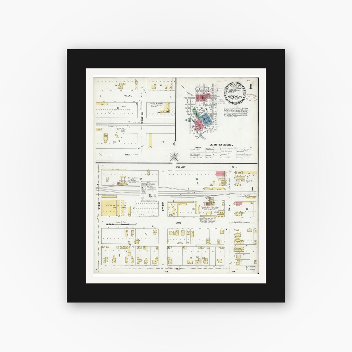 Old map wall art mockup — black gallery frame with white mat — Sanborn Fire Insurance Map from Rensselaer, Jasper County, Indiana (1899) - Complete Map Set