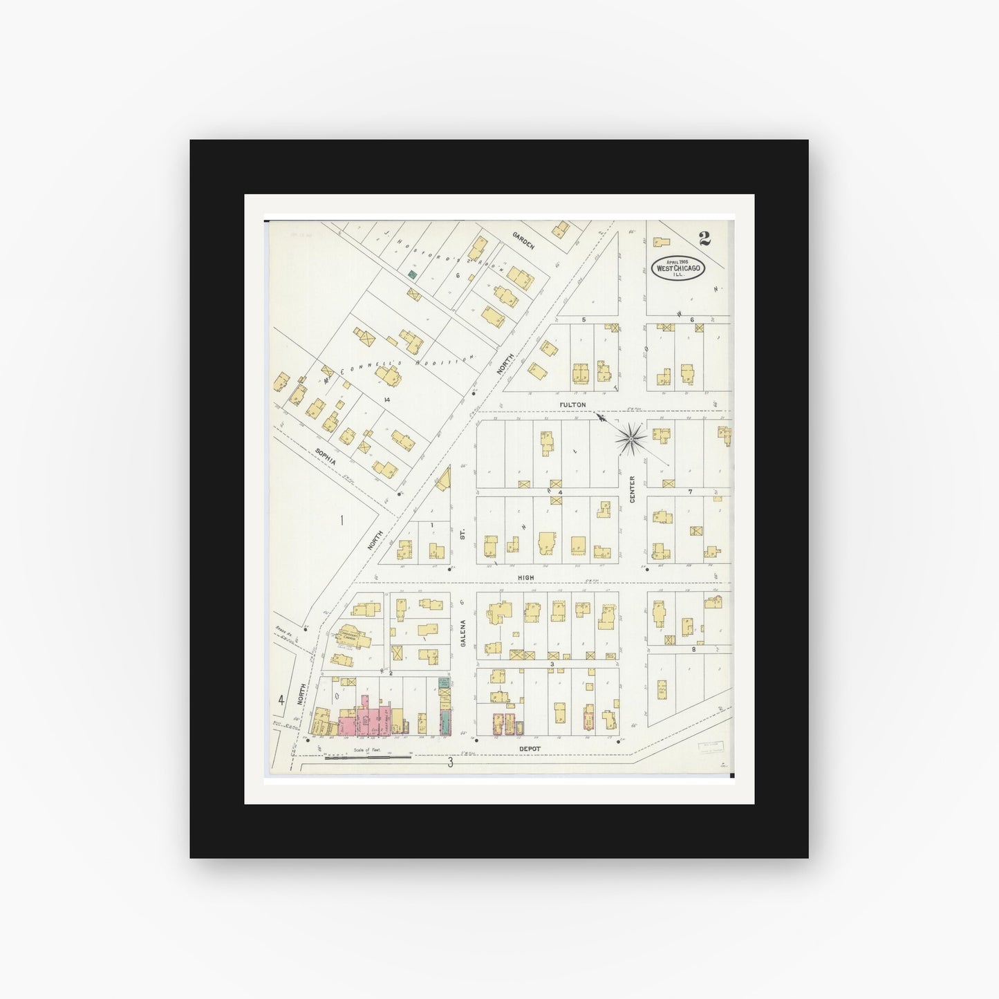 Old map wall art mockup — black gallery frame with white mat — Sanborn Fire Insurance Map from West Chicago, Du Page County, Illinois (1905), Sheet #0002
