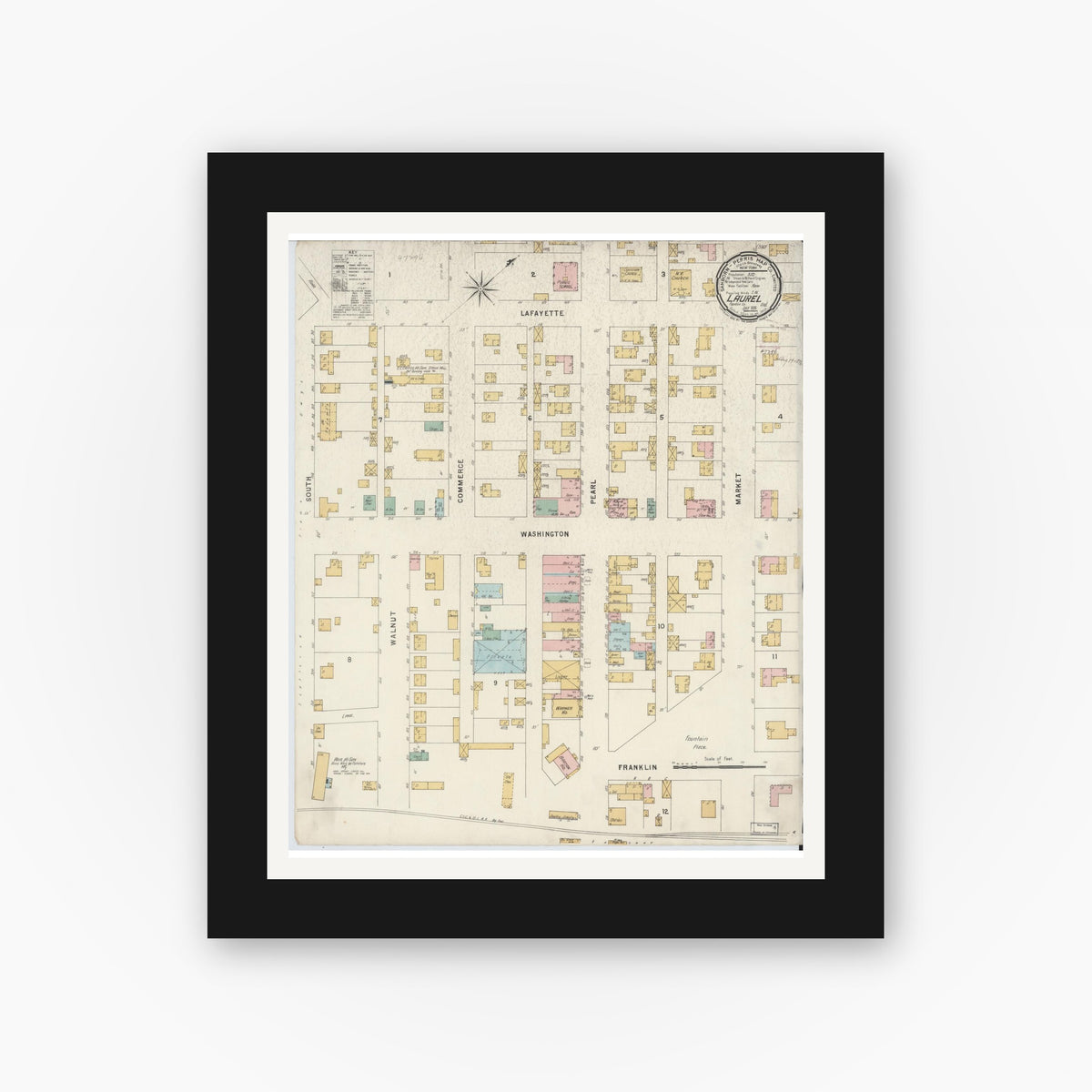 Old map wall art mockup — black gallery frame with white mat — Sanborn Fire Insurance Map from Laurel, Franklin County, Indiana (1896), Sheet #0001