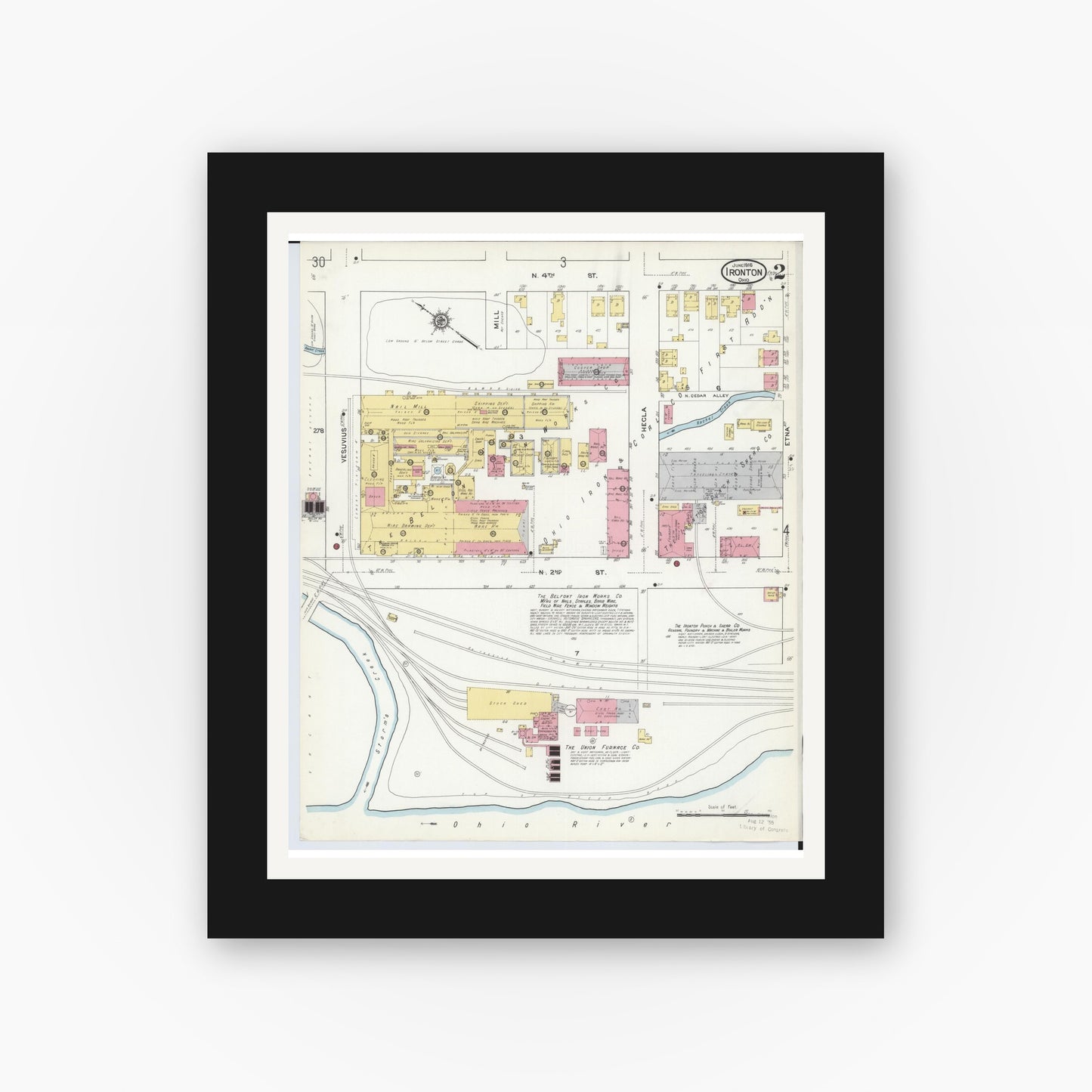 Old map wall art mockup — black gallery frame with white mat — Sanborn Fire Insurance Map from Ironton, Lawrence County, Ohio (1916), Sheet #0002