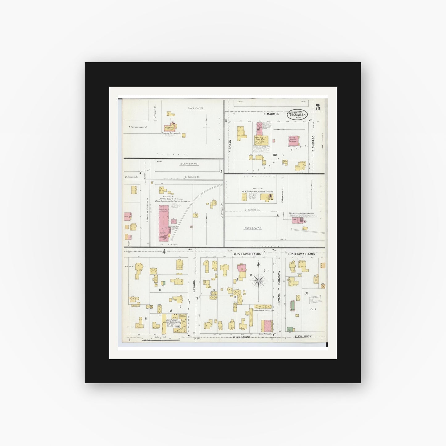 Old map wall art mockup — black gallery frame with white mat — Sanborn Fire Insurance Map from Tecumseh, Lenawee County, Michigan (1899), Sheet #0005