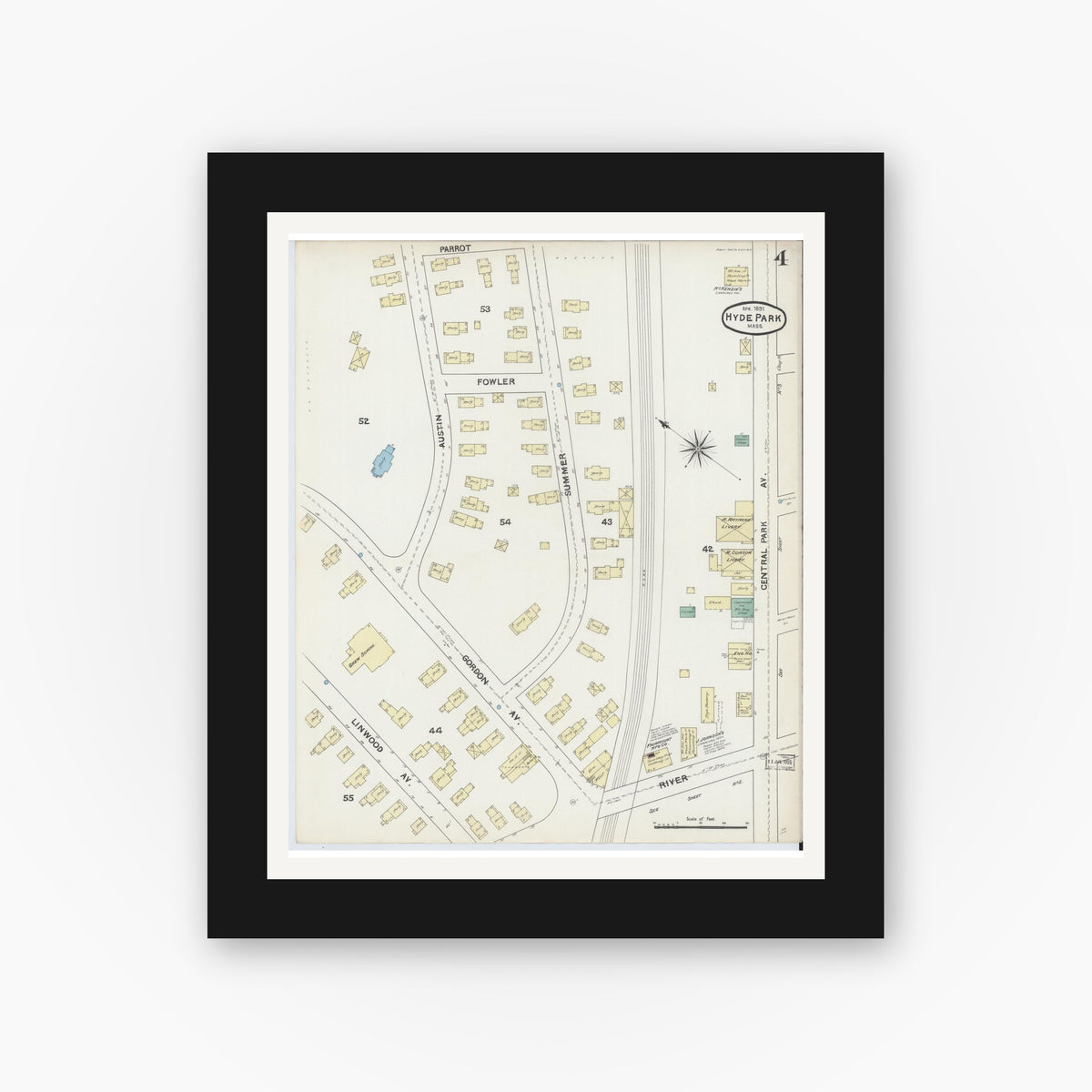 Old map wall art mockup — black gallery frame with white mat — Sanborn Fire Insurance Map from Hyde Park, Norfolk County, Massachusetts (1891), Sheet #0004