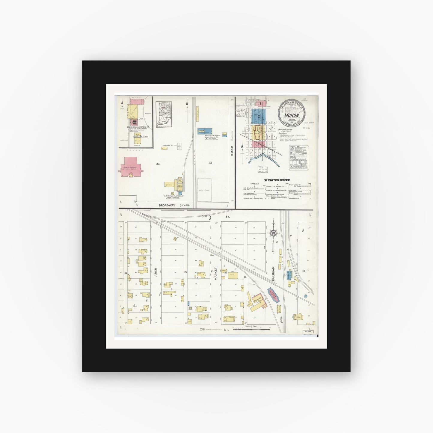 Old map wall art mockup — black gallery frame with white mat — Sanborn Fire Insurance Map from Monon, White County, Indiana (1916), Sheet #0001
