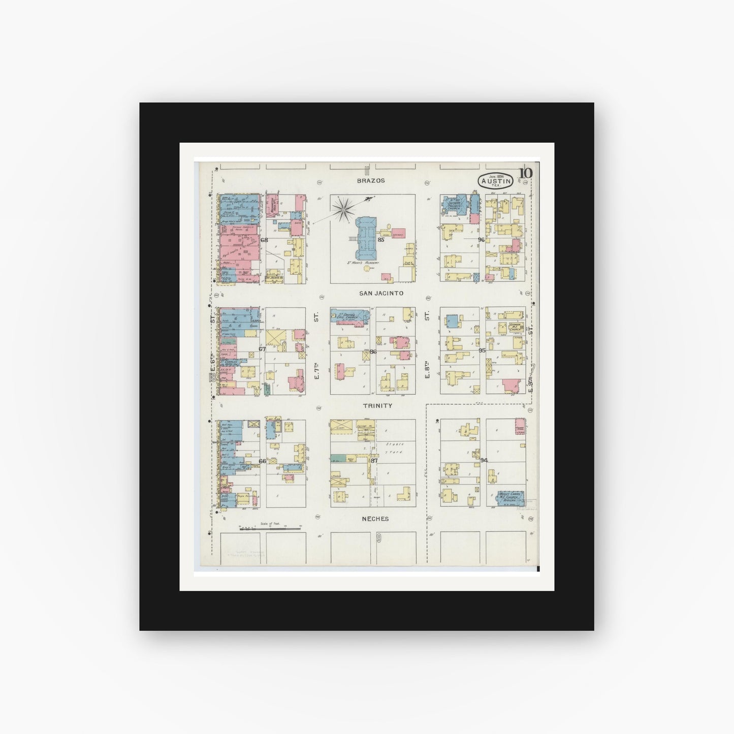 Old map wall art mockup — black gallery frame with white mat — Sanborn Fire Insurance Map from Austin, Travis County, Texas (1894), Sheet #0010
