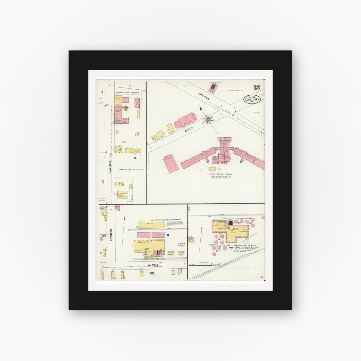 Old map wall art mockup β black gallery frame with white mat β Sanborn Fire Insurance Map from Lock Haven, Clinton County, Pennsylvania (1906), Sheet #0013