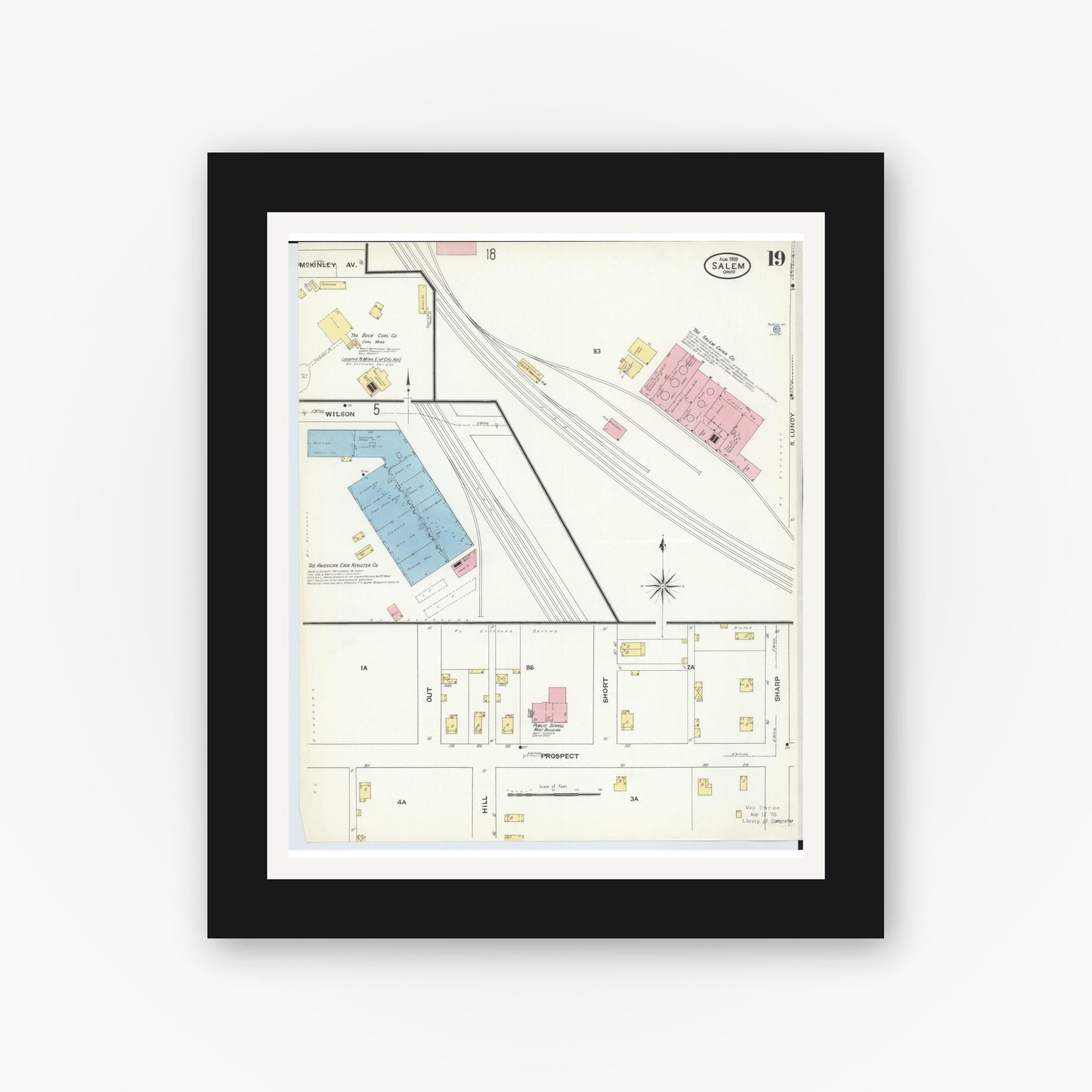 Old map wall art mockup — black gallery frame with white mat — Sanborn Fire Insurance Map from Salem, Columbiana County, Ohio (1909), Sheet #0019