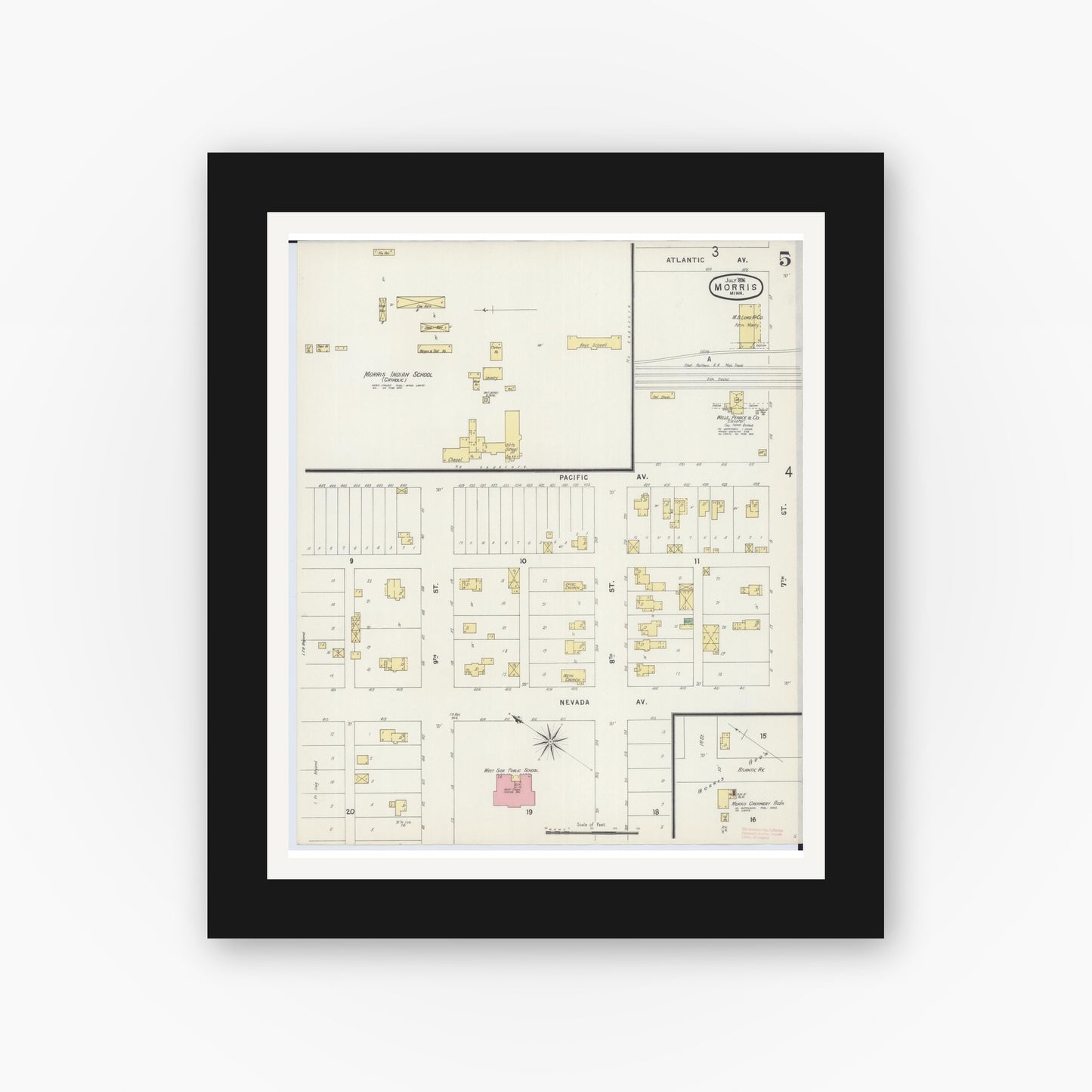 Old map wall art mockup — black gallery frame with white mat — Sanborn Fire Insurance Map from Morris, Stevens County, Minnesota (1896), Sheet #0005