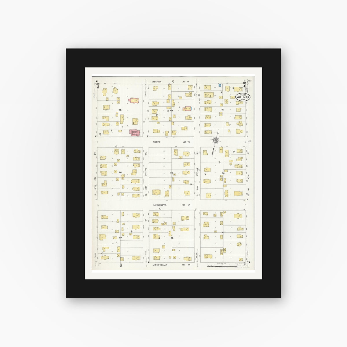 Old map wall art mockup — black gallery frame with white mat — Sanborn Fire Insurance Map from Willmar, Kandiyohi County, Minnesota (1925), Sheet #0007