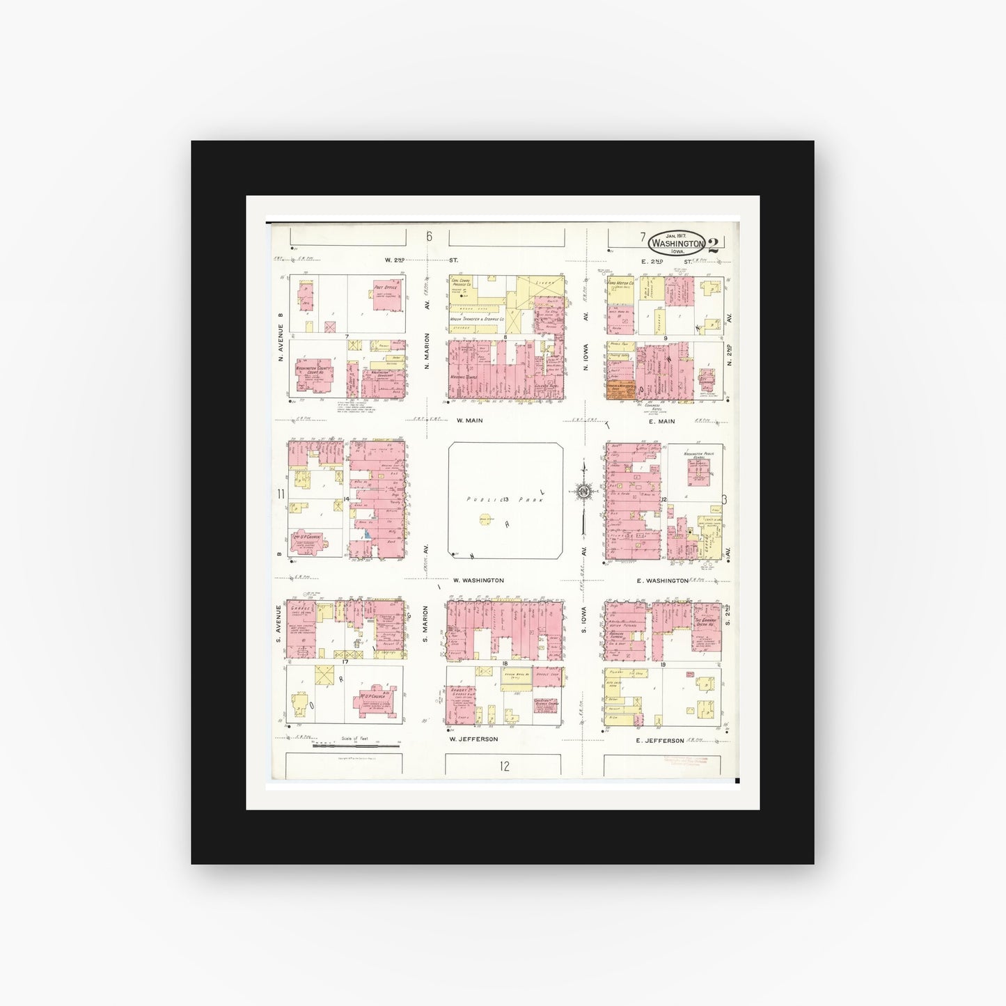 Old map wall art mockup — black gallery frame with white mat — Sanborn Fire Insurance Map from Washington, Washington County, Iowa (1917), Sheet #0002