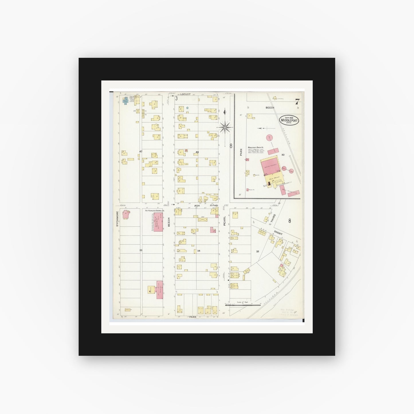 Old map wall art mockup — black gallery frame with white mat — Sanborn Fire Insurance Map from Middleport, Meigs County, Ohio (1908), Sheet #0007