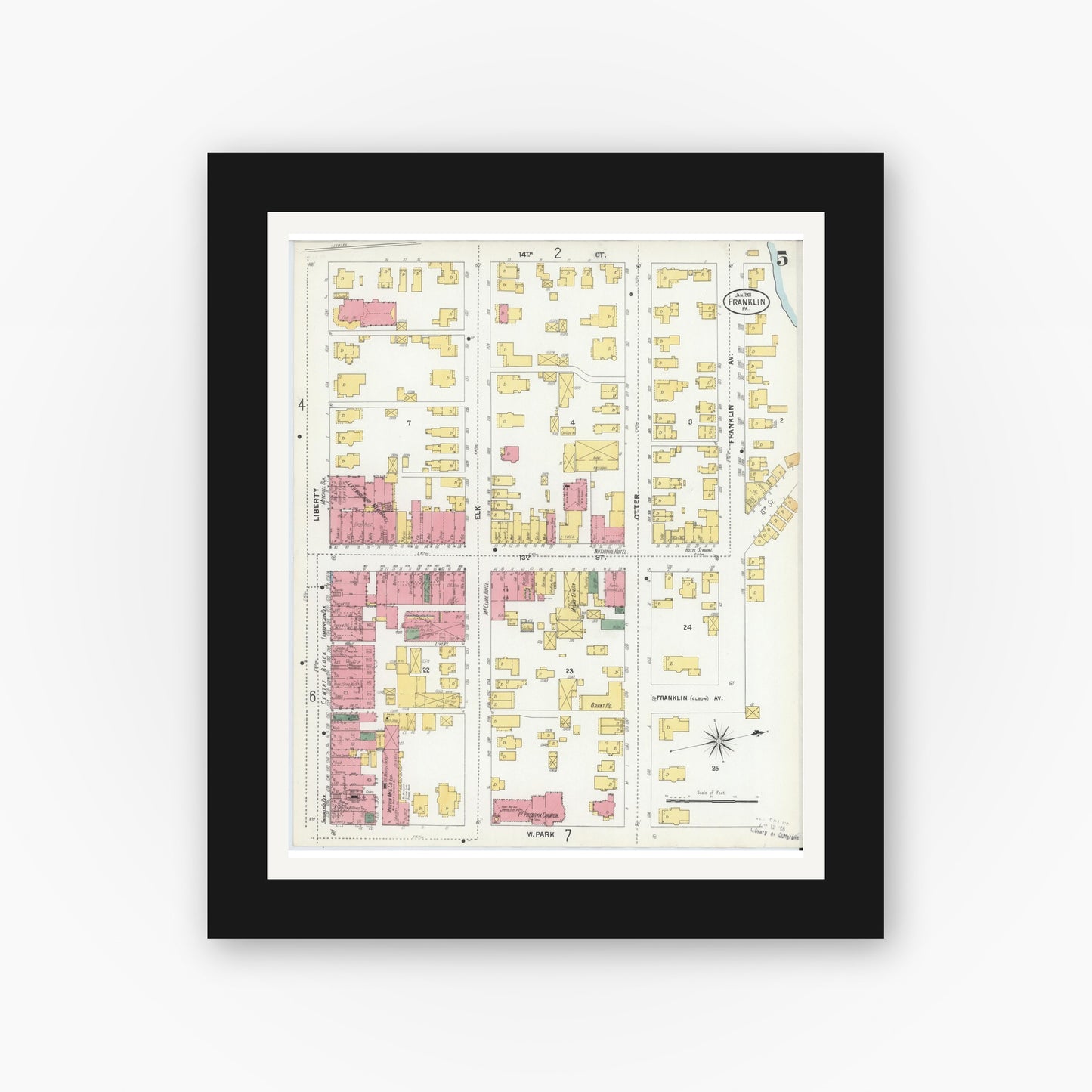 Old map wall art mockup — black gallery frame with white mat — Sanborn Fire Insurance Map from Franklin, Venango County, Pennsylvania (1901), Sheet #0005