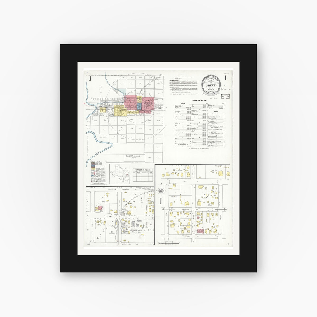 Old map wall art mockup — black gallery frame with white mat — Sanborn Fire Insurance Map from Liberty, Liberty County, Texas (1938), Sheet #0001