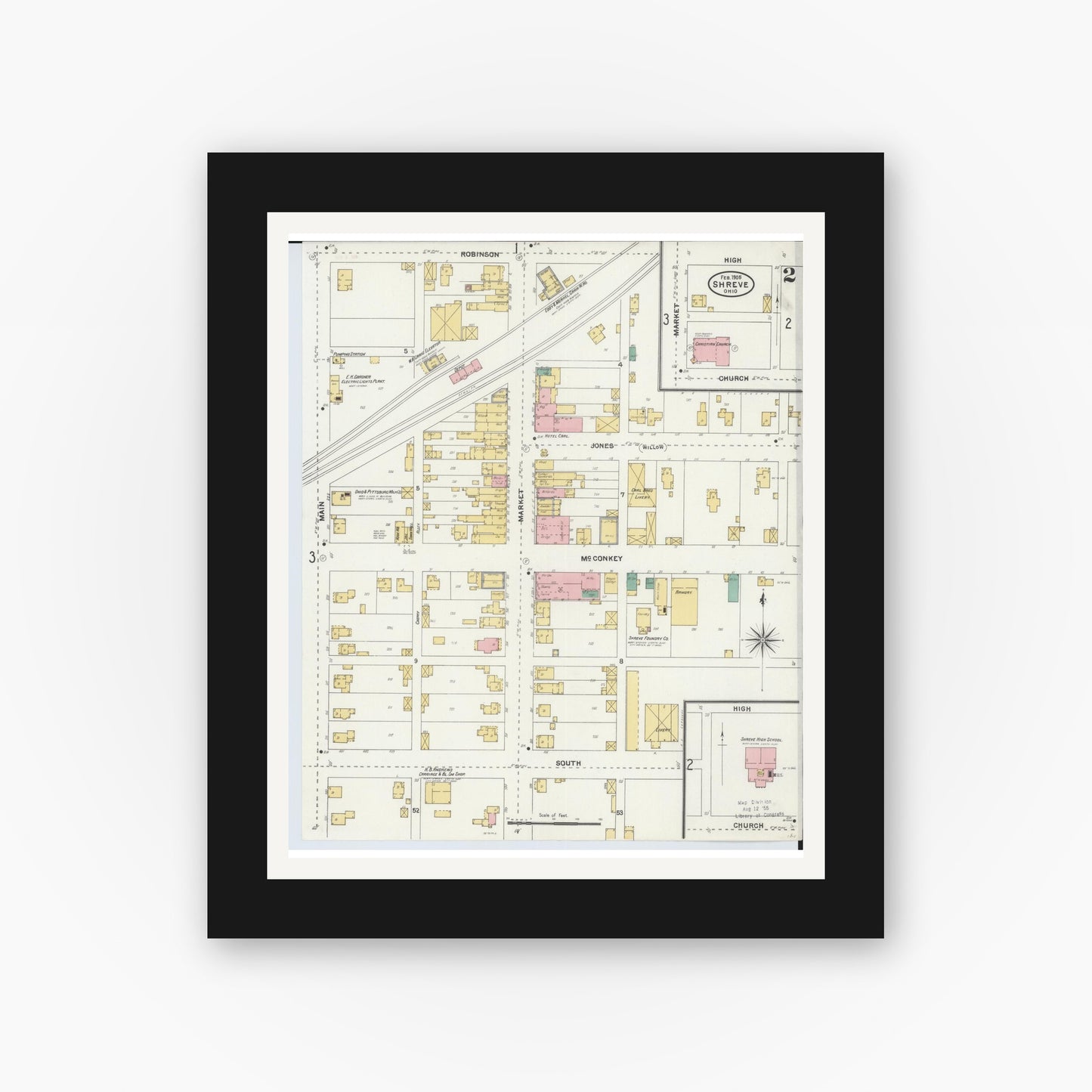 Old map wall art mockup — black gallery frame with white mat — Sanborn Fire Insurance Map from Shreve, Wayne County, Ohio (1905), Sheet #0002