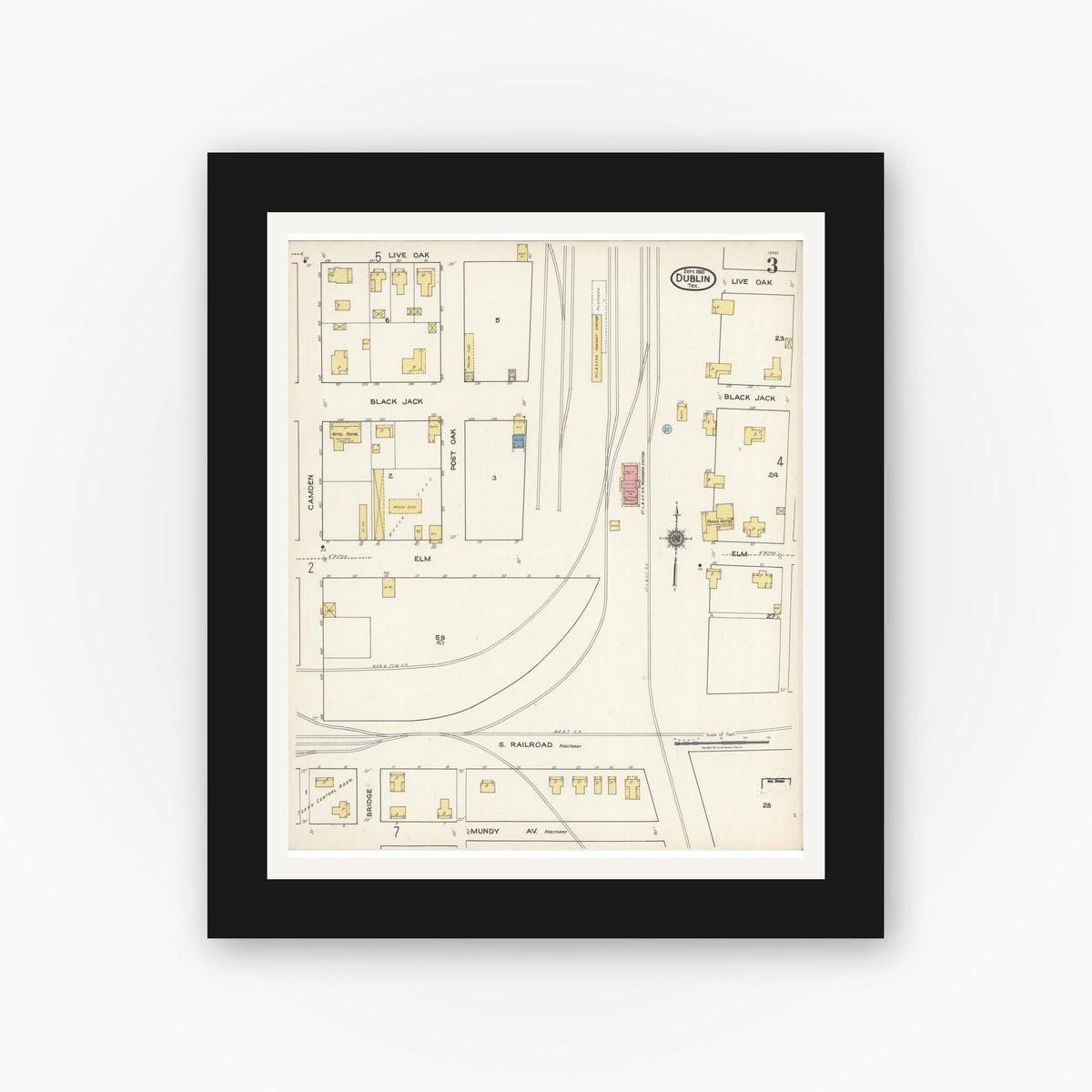Old map wall art mockup — black gallery frame with white mat — Sanborn Fire Insurance Map from Dublin, Erath County, Texas (1921), Sheet #0003