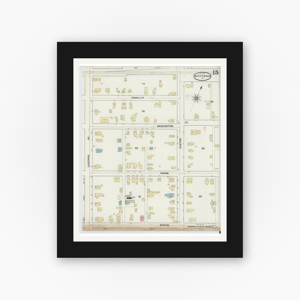 Old map wall art mockup — black gallery frame with white mat — Sanborn Fire Insurance Map from Pittston, Luzerne County, Pennsylvania (1891), Sheet #0015
