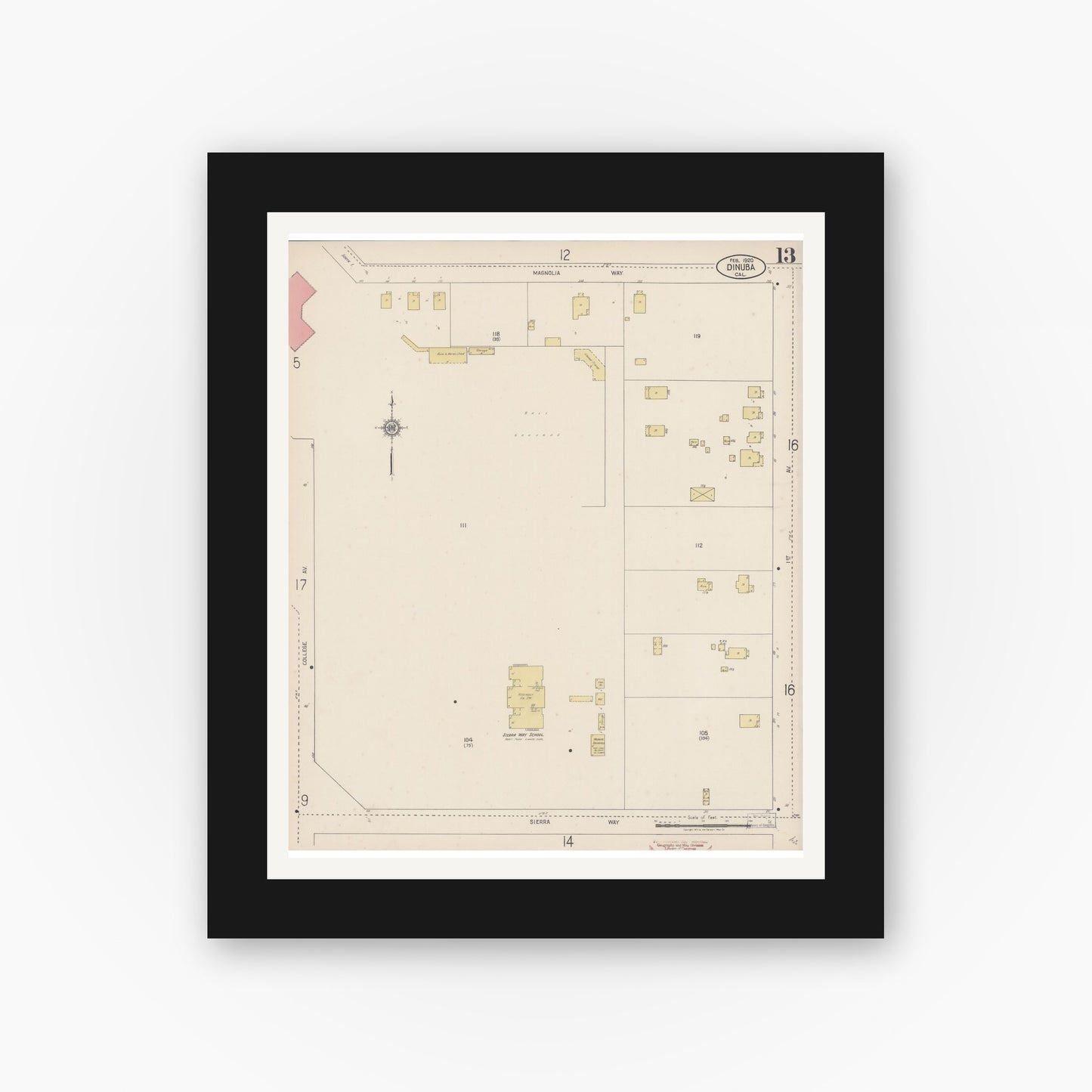 Old map wall art mockup — black gallery frame with white mat — Sanborn Fire Insurance Map from Dinuba, Tulare County, California (1920), Sheet #0013
