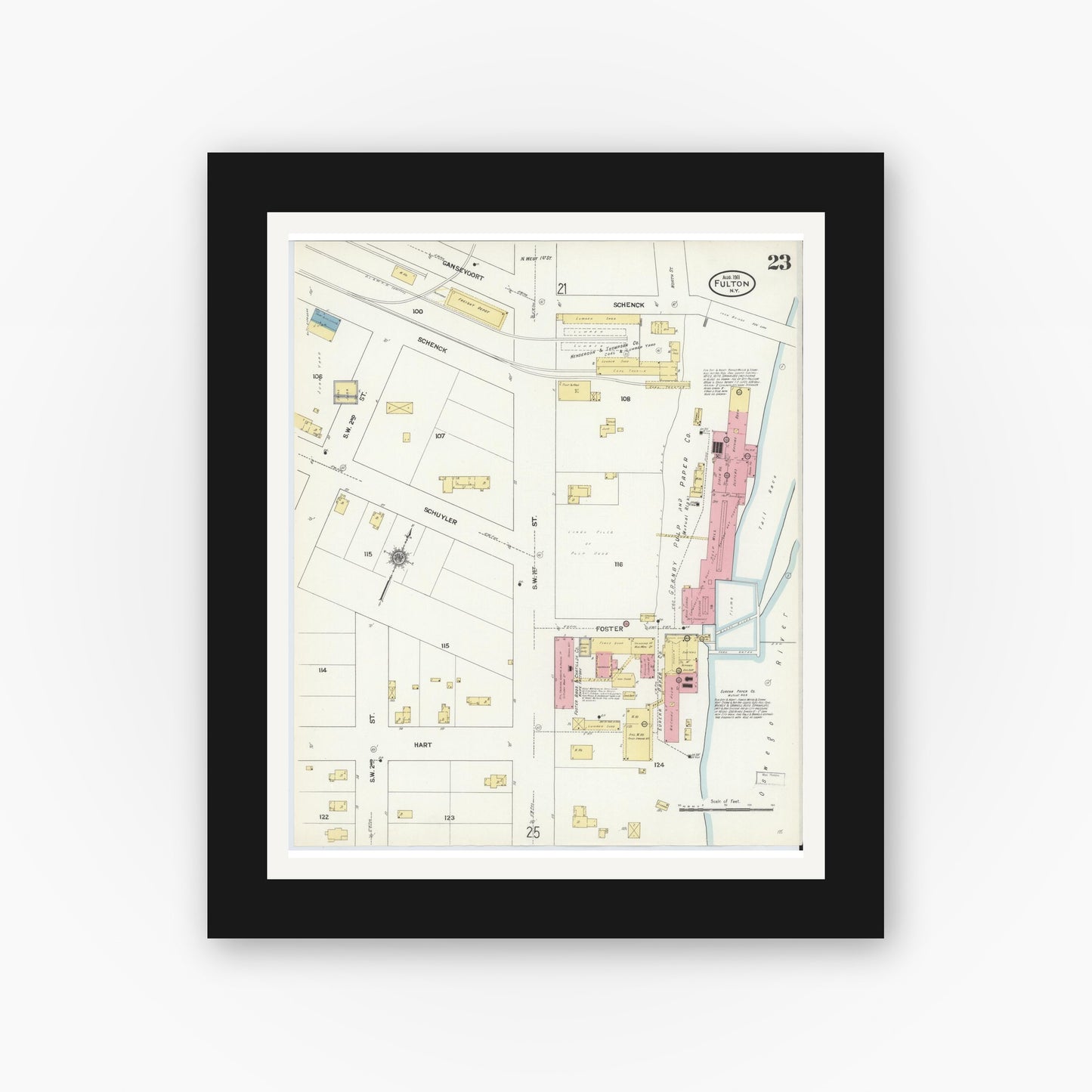 Old map wall art mockup — black gallery frame with white mat — Sanborn Fire Insurance Map from Fulton, Oswego County, New York (1911), Sheet #0023