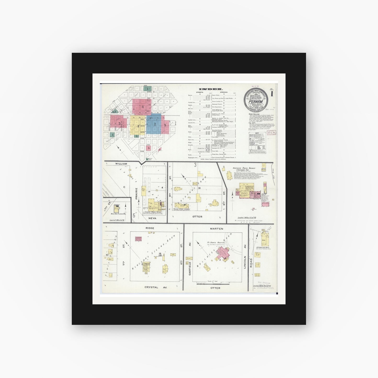 Old map wall art mockup — black gallery frame with white mat — Sanborn Fire Insurance Map from Perham, Otter Tail County, Minnesota (1909) - Complete Map Set