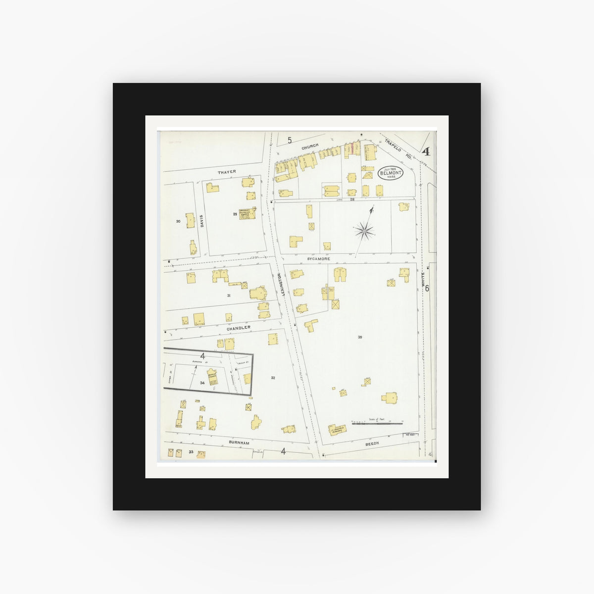 Old map wall art mockup — black gallery frame with white mat — Sanborn Fire Insurance Map from Belmont, Middlesex County, Massachusetts (1905), Sheet #0004