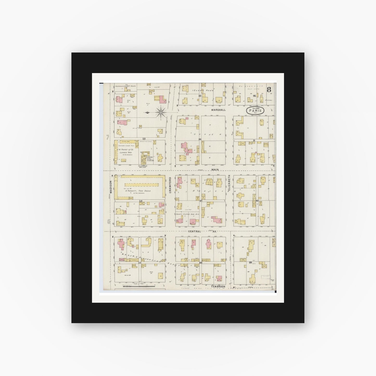 Old map wall art mockup — black gallery frame with white mat — Sanborn Fire Insurance Map from Paris, Edgar County, Illinois (1895), Sheet #0008