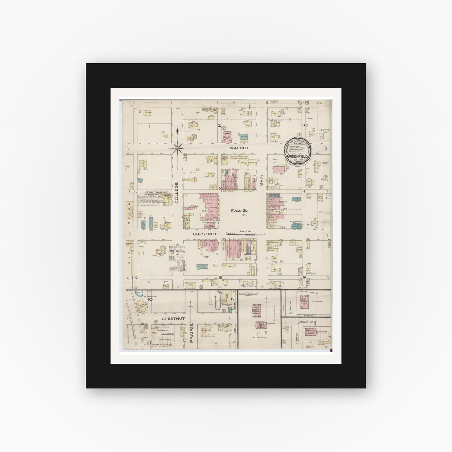 Old map wall art mockup — black gallery frame with white mat — Sanborn Fire Insurance Map from Greenfield, Greene County, Illinois (1885), Sheet #0001
