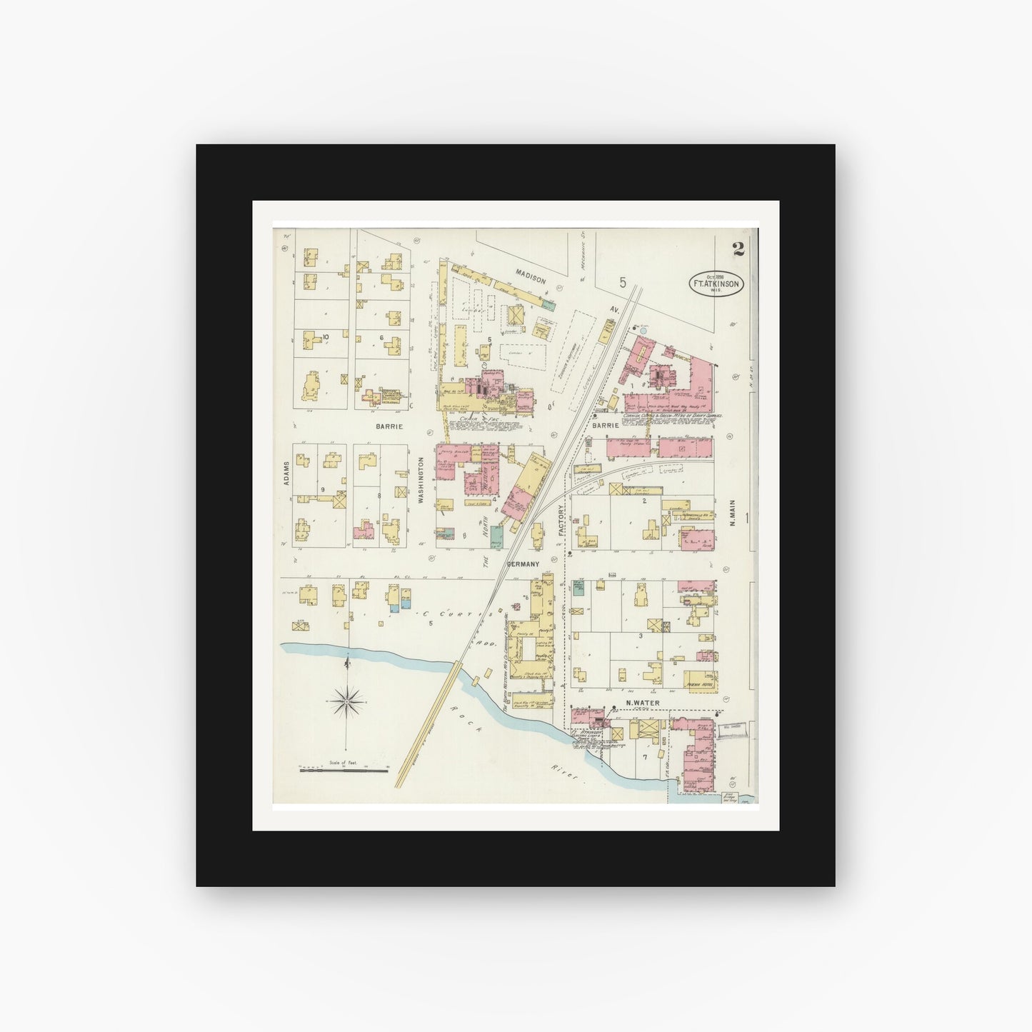Old map wall art mockup — black gallery frame with white mat — Sanborn Fire Insurance Map from Fort Atkinson, Jefferson County, Wisconsin (1898), Sheet #0002