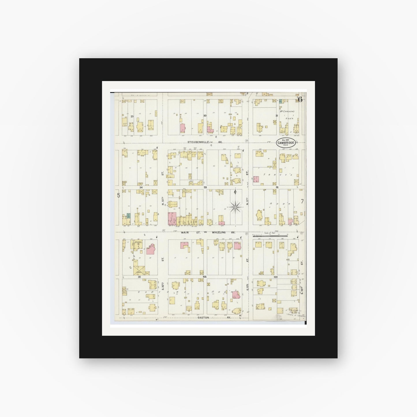 Old map wall art mockup — black gallery frame with white mat — Sanborn Fire Insurance Map from Cambridge, Guernsey County, Ohio (1897), Sheet #0006