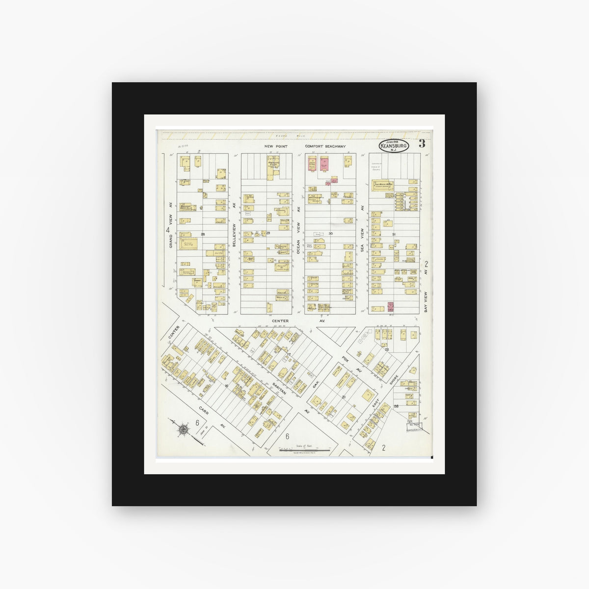 Old map wall art mockup — black gallery frame with white mat — Sanborn Fire Insurance Map from Keansburg, Monmouth County, New Jersey (1918), Sheet #0003