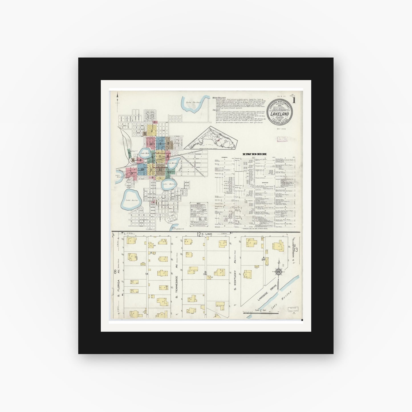 Old map wall art mockup — black gallery frame with white mat — Sanborn Fire Insurance Map from Lakeland, Polk County, Florida (1913) - Complete Map Set