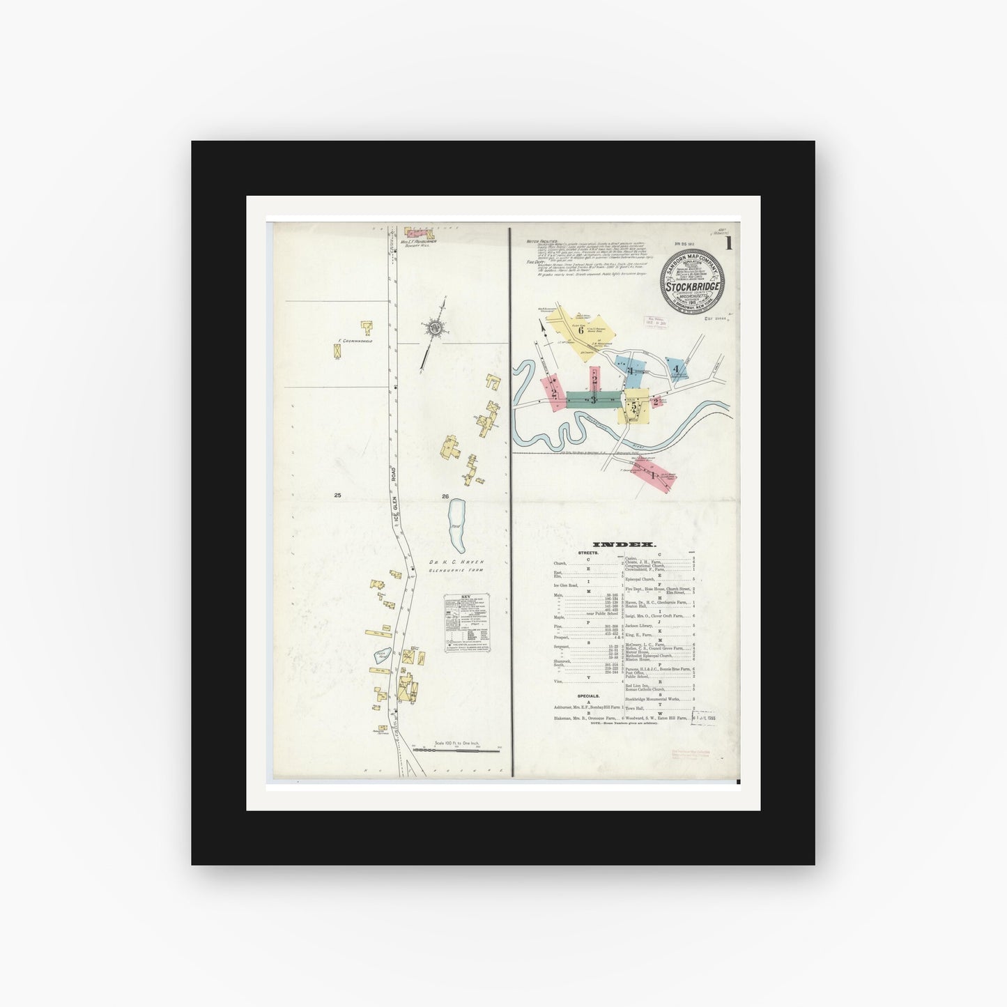 Old map wall art mockup — black gallery frame with white mat — Sanborn Fire Insurance Map from Stockbridge, Berkshire County, Massachusetts (1911) - Complete Map Set