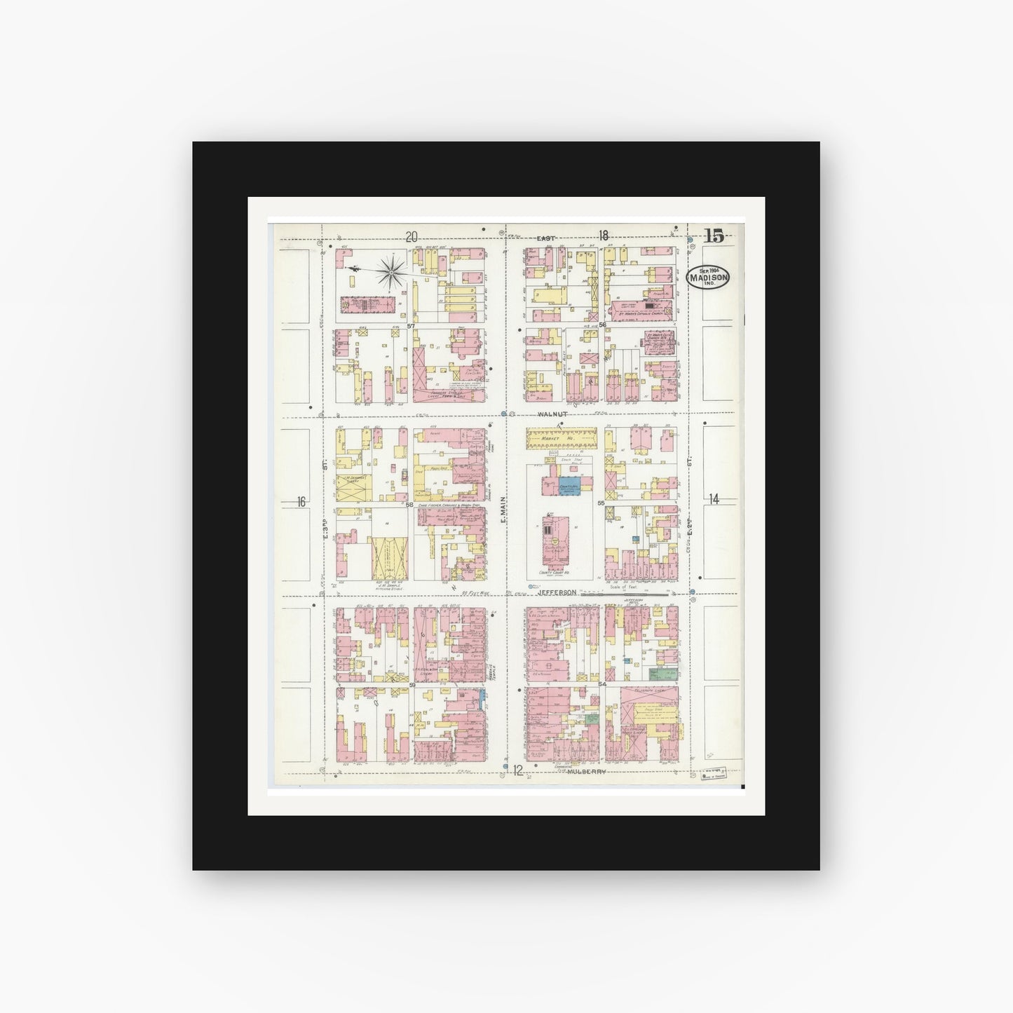 Old map wall art mockup — black gallery frame with white mat — Sanborn Fire Insurance Map from Madison, Jefferson County, Indiana (1904), Sheet #0015