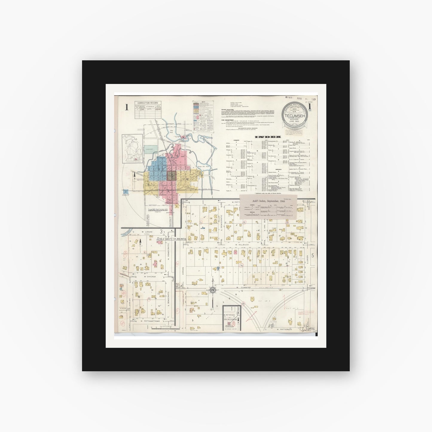 Old map wall art mockup — black gallery frame with white mat — Sanborn Fire Insurance Map from Tecumseh, Lenawee County, Michigan (1944), Sheet #0001