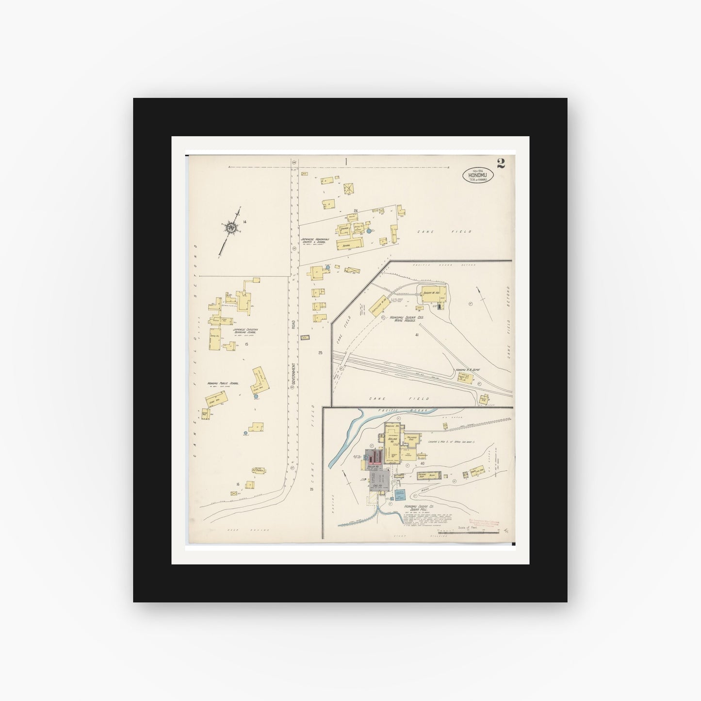 Old map wall art mockup β black gallery frame with white mat β Sanborn Fire Insurance Map from Honomu, Hawaii County, Hawaii (1914), Sheet #0002