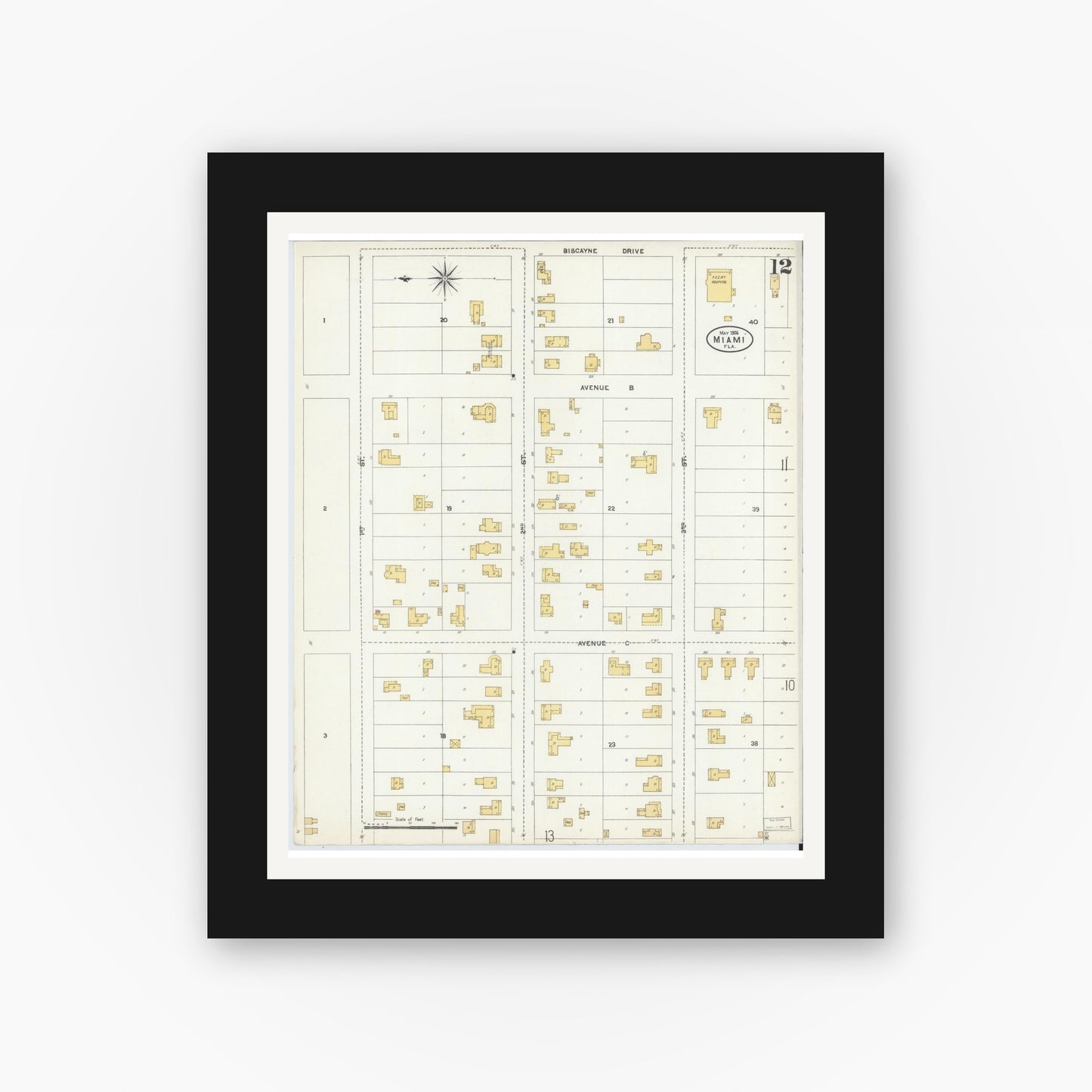 Old map wall art mockup — black gallery frame with white mat — Sanborn Fire Insurance Map from Miami, Dade County, Florida (1906), Sheet #0012