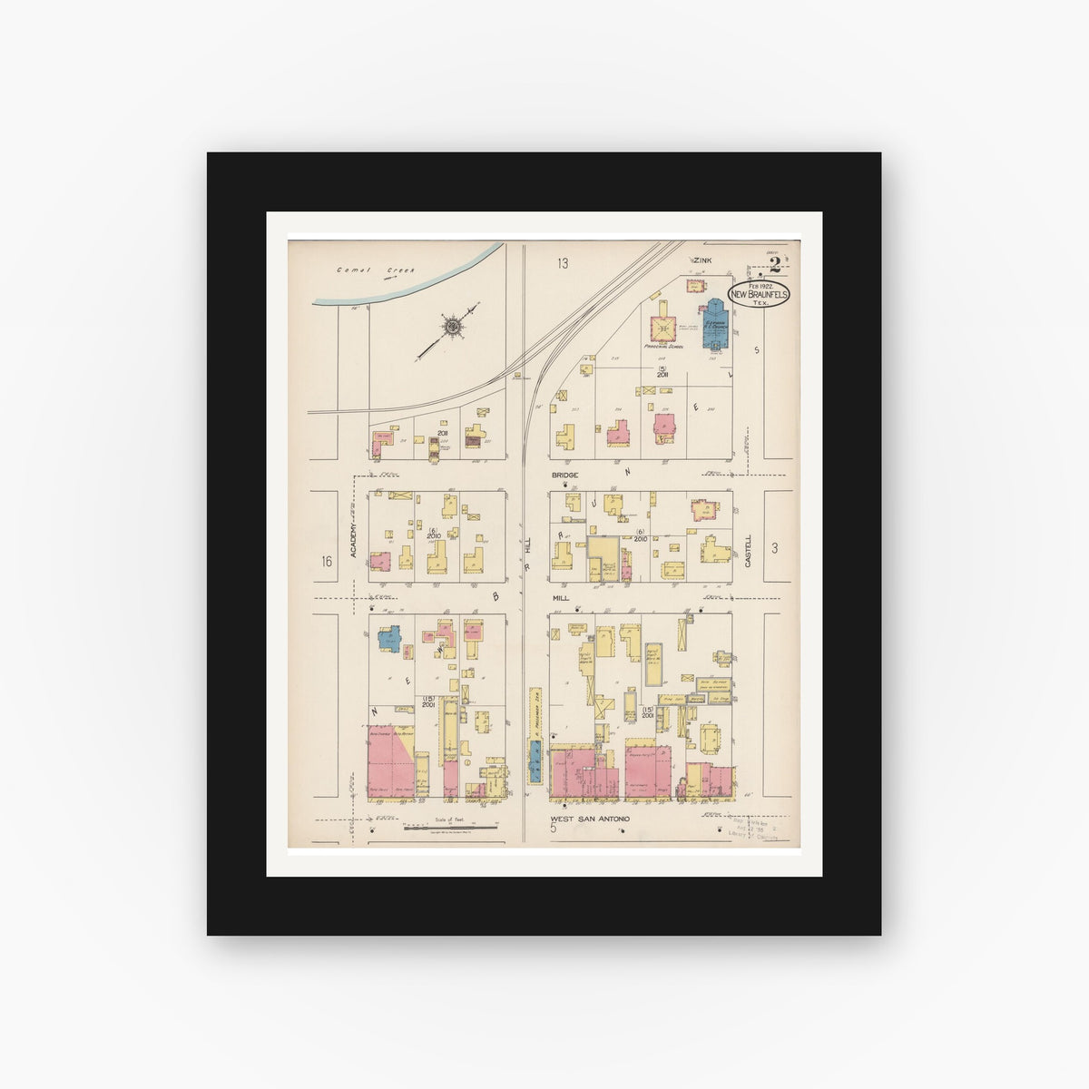 Old map wall art mockup — black gallery frame with white mat — Sanborn Fire Insurance Map from New Braunfels, Comal County, Texas (1922), Sheet #0002