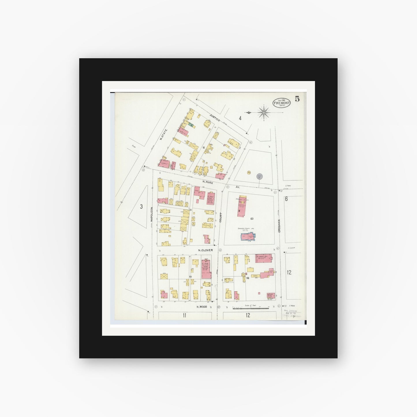 Old map wall art mockup — black gallery frame with white mat — Sanborn Fire Insurance Map from Fremont, Sandusky County, Ohio (1904), Sheet #0005