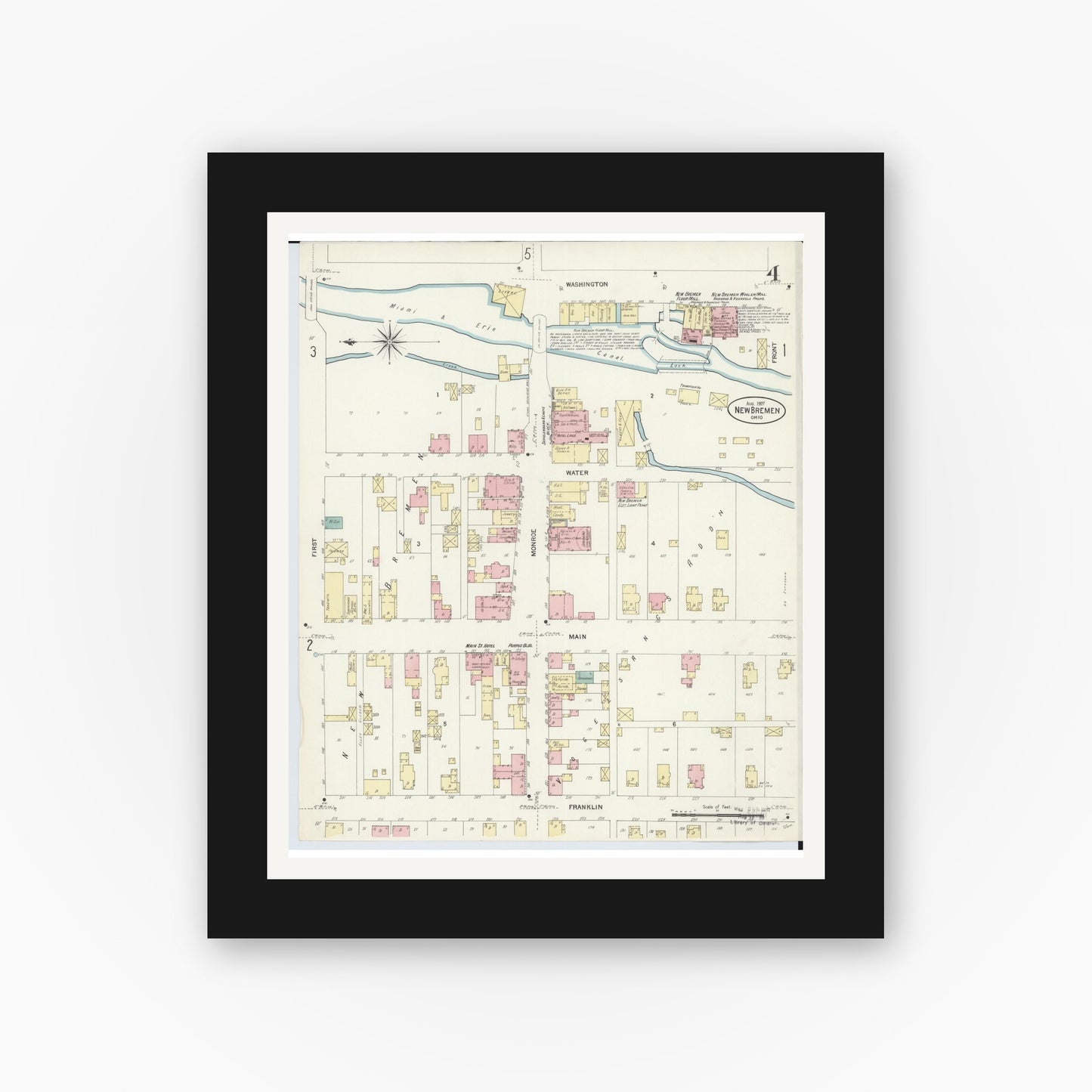 Old map wall art mockup — black gallery frame with white mat — Sanborn Fire Insurance Map from New Bremen, Auglaize County, Ohio (1907), Sheet #0004