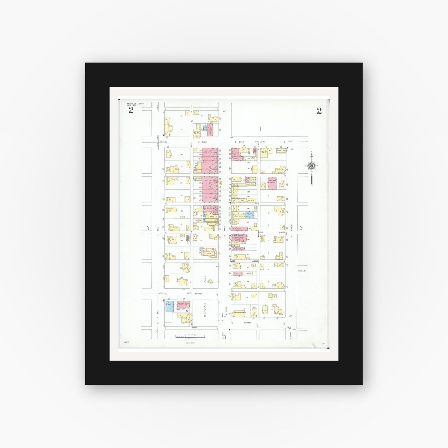 Old map wall art mockup — black gallery frame with white mat — Sanborn Fire Insurance Map from Bellville, Richland County, Ohio (1950), Sheet #0002