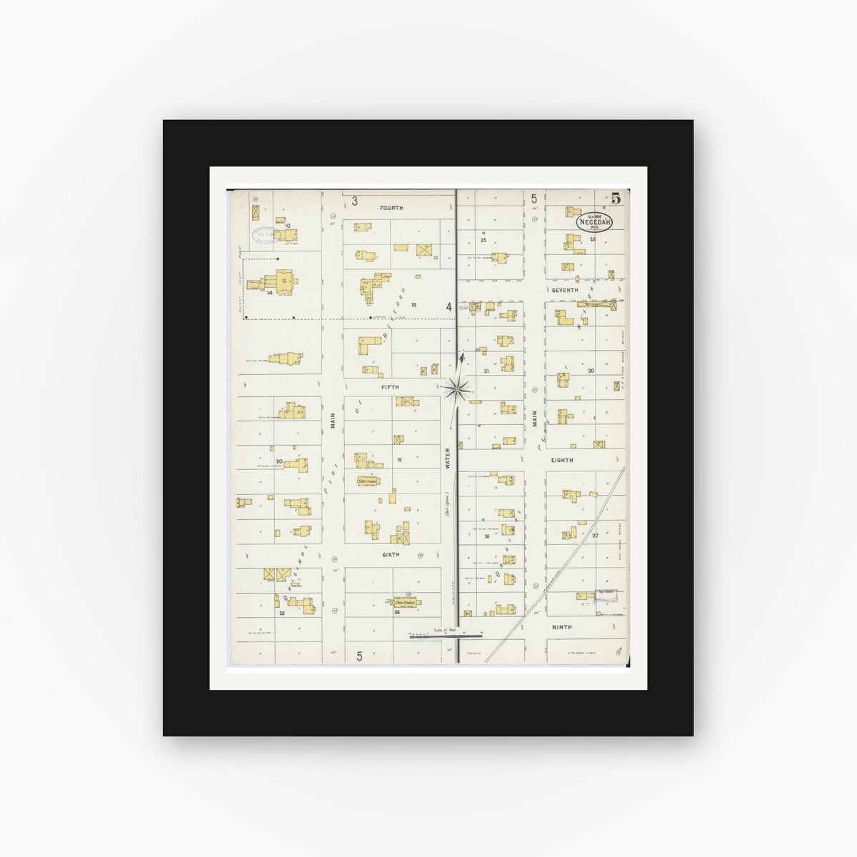 Old map wall art mockup — black gallery frame with white mat — Sanborn Fire Insurance Map from Necedah, Juneau County, Wisconsin (1898), Sheet #0005