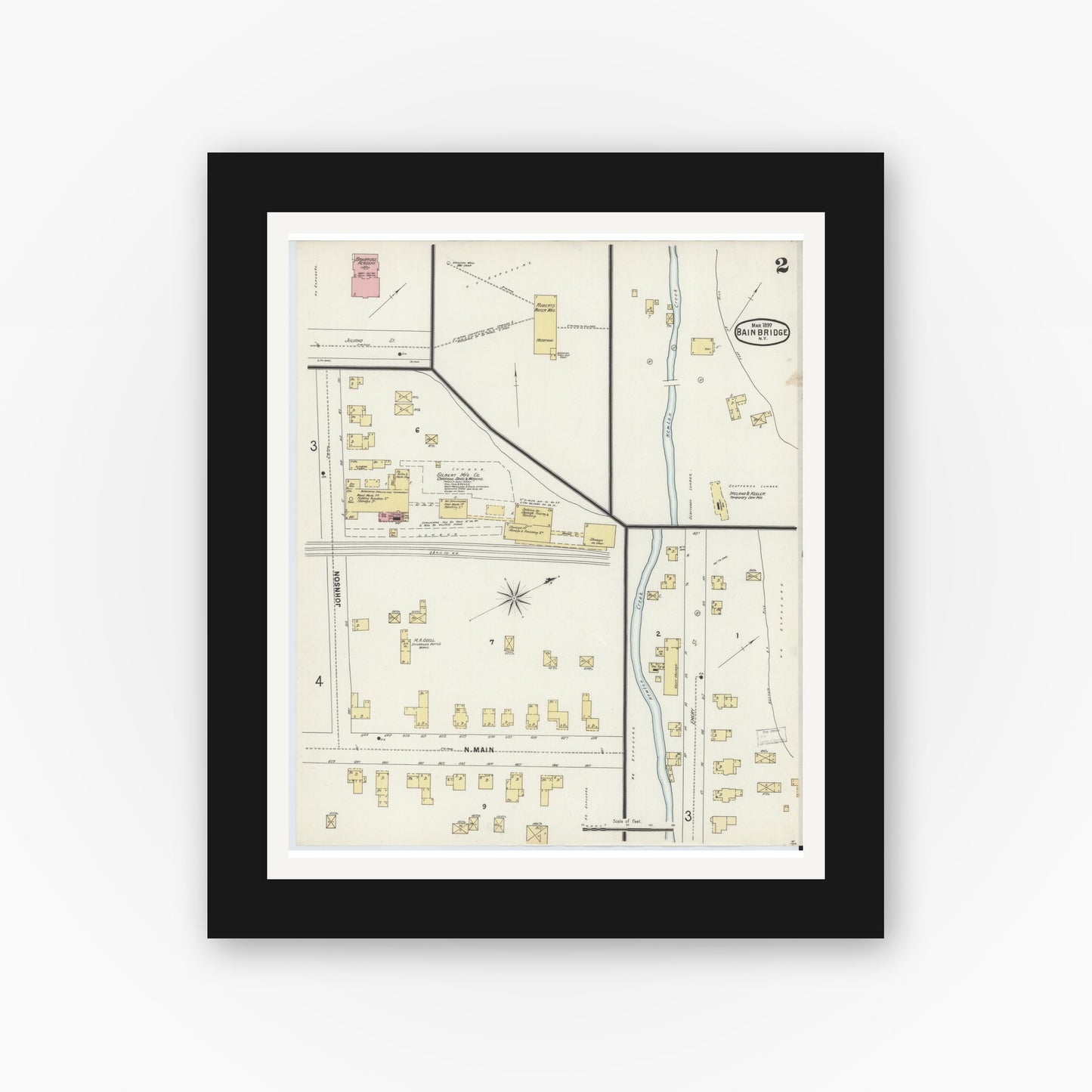 Old map wall art mockup — black gallery frame with white mat — Sanborn Fire Insurance Map from Bainbridge, Chenango County, New York (1897), Sheet #0002