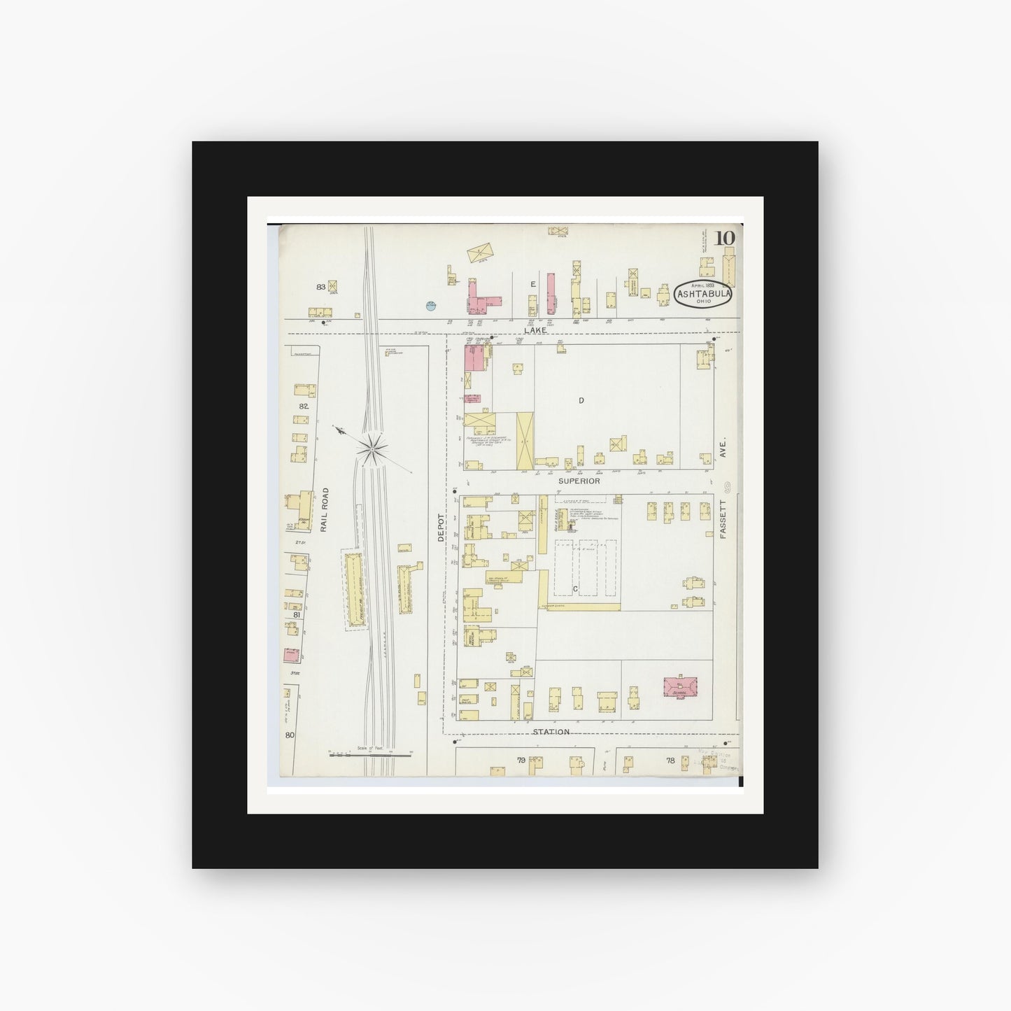 Old map wall art mockup — black gallery frame with white mat — Sanborn Fire Insurance Map from Ashtabula, Ashtabula County, Ohio (1893), Sheet #0010