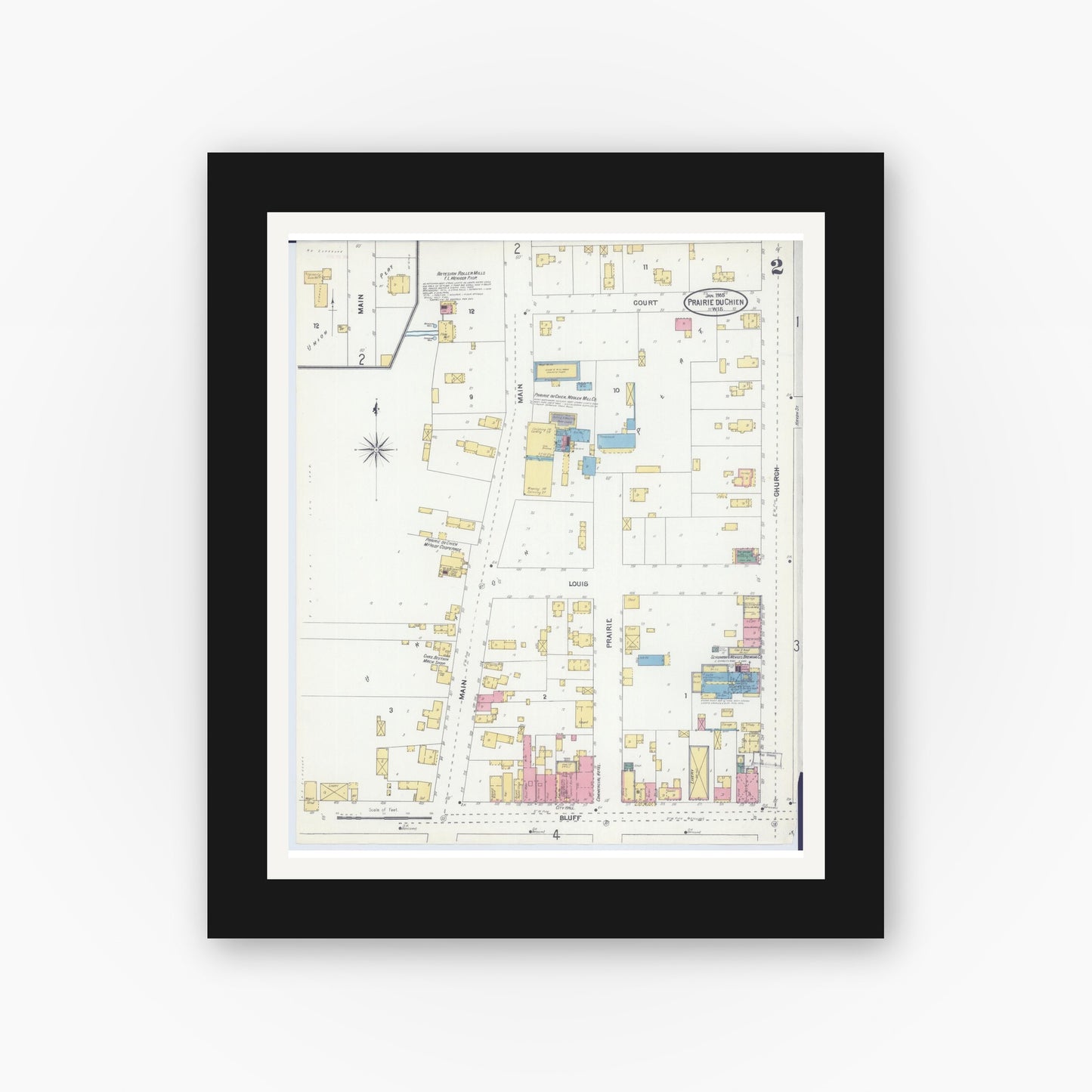 Old map wall art mockup — black gallery frame with white mat — Sanborn Fire Insurance Map from Prairie du Chien, Crawford County, Wisconsin (1905), Sheet #0002