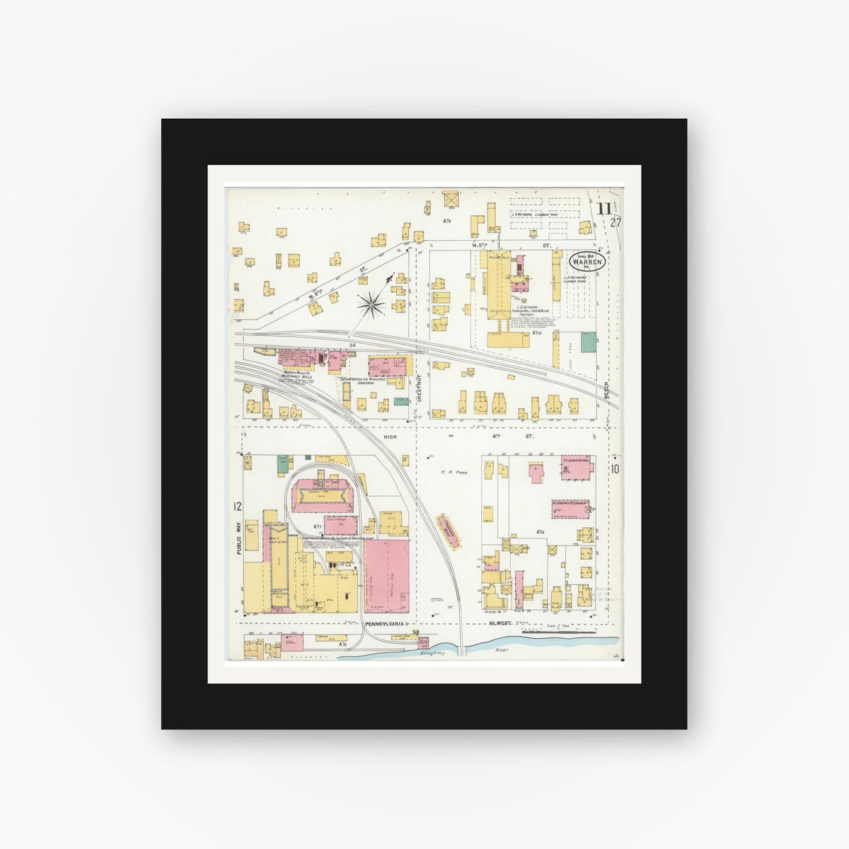 Old map wall art mockup — black gallery frame with white mat — Sanborn Fire Insurance Map from Warren, Warren County, Pennsylvania (1904), Sheet #0011