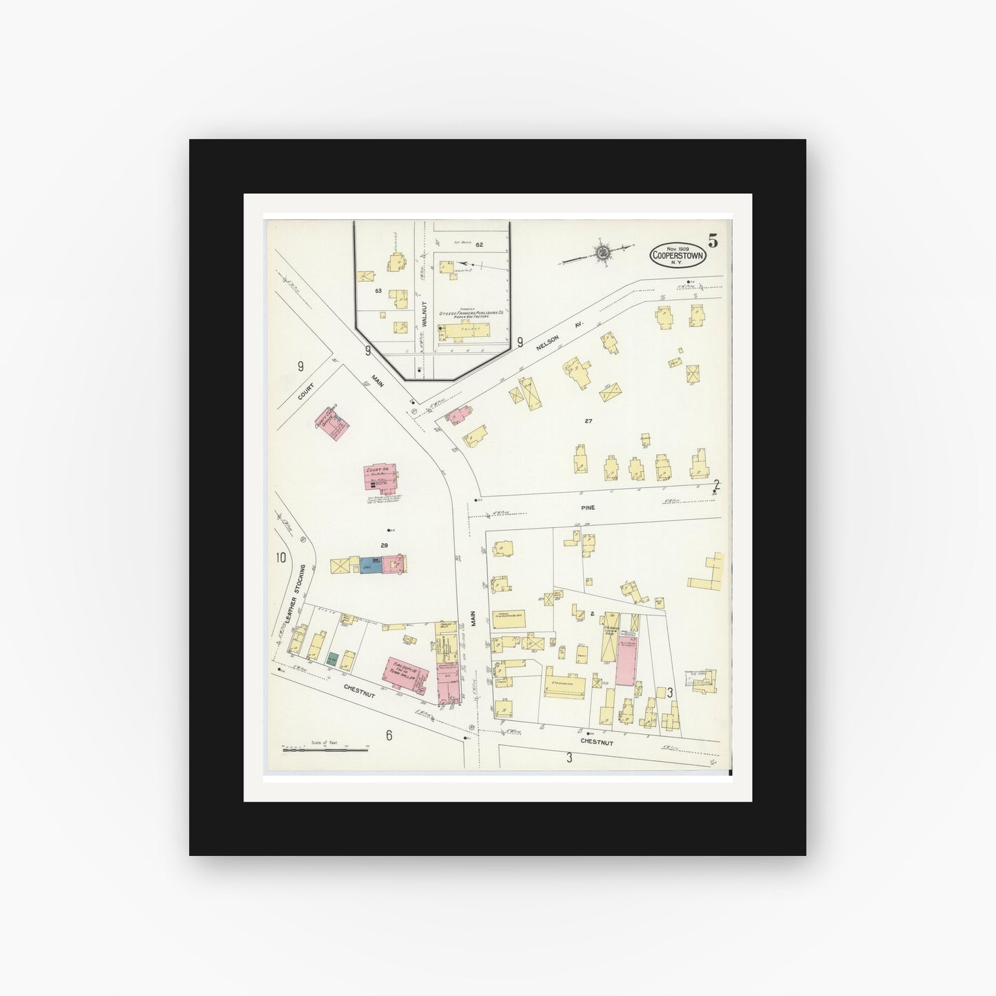 Old map wall art mockup — black gallery frame with white mat — Sanborn Fire Insurance Map from Cooperstown, Otsego County, New York (1909), Sheet #0005