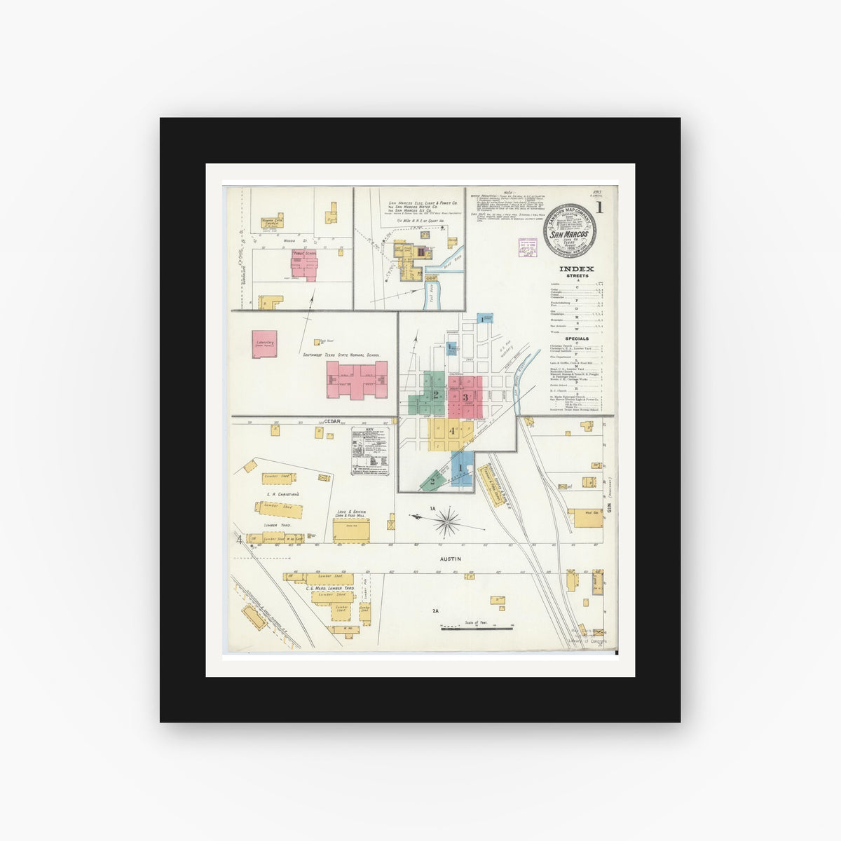 Old map wall art mockup — black gallery frame with white mat — Sanborn Fire Insurance Map from San Marcos, Hays County, Texas (1906) - Complete Map Set
