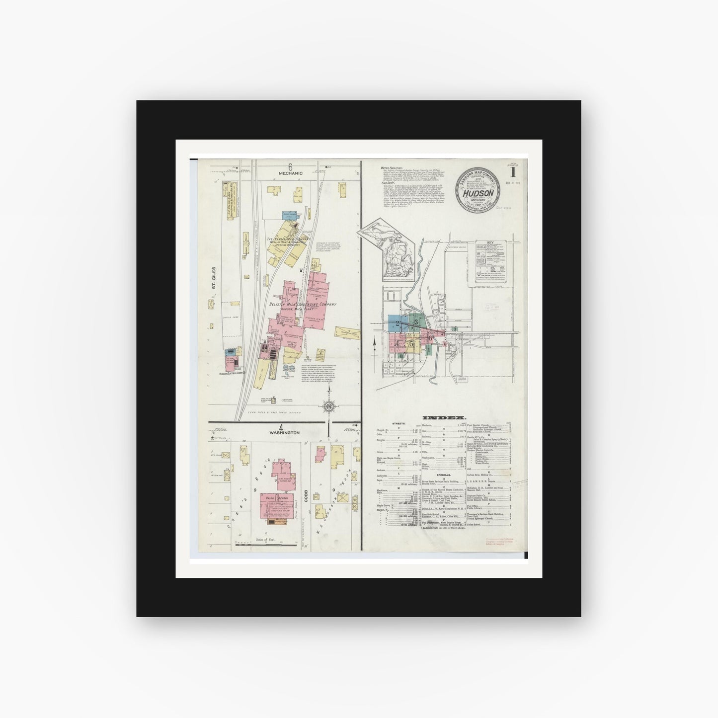 Old map wall art mockup — black gallery frame with white mat — Sanborn Fire Insurance Map from Hudson, Lenawee County, Michigan (1912) - Complete Map Set