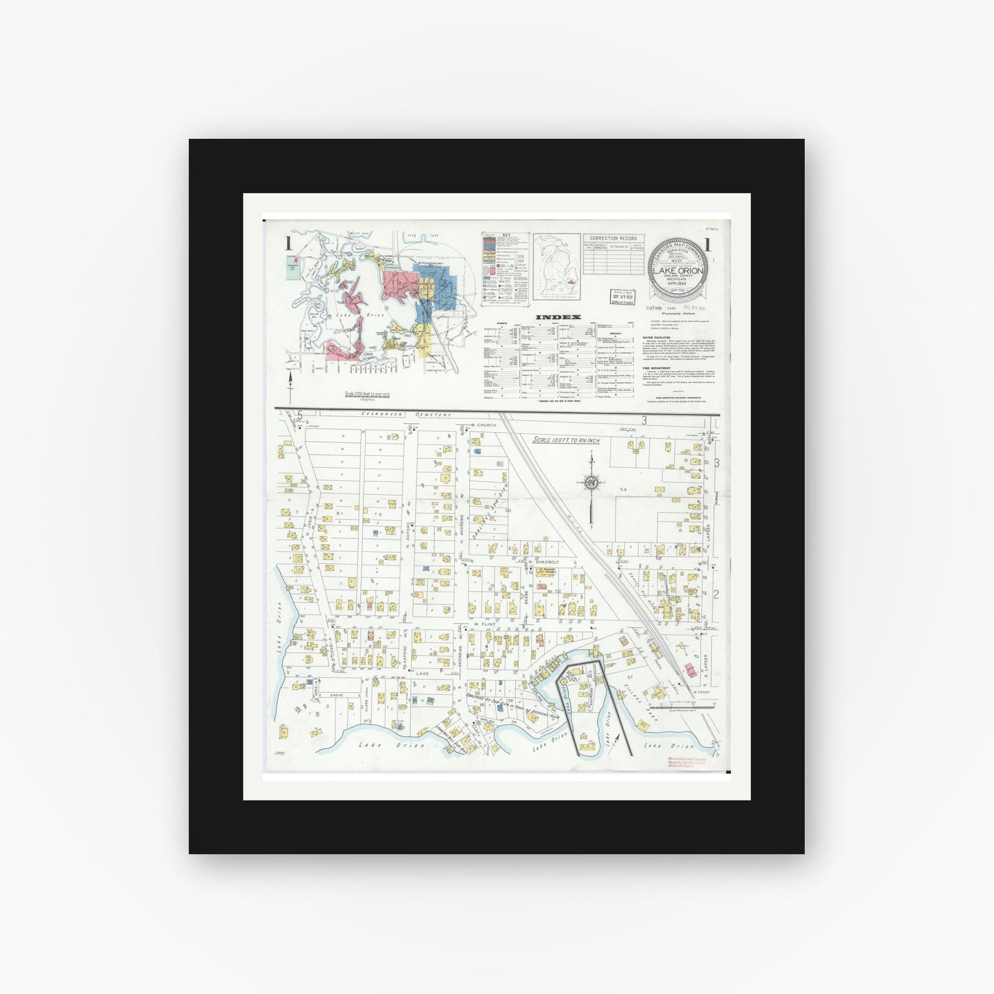 Old map wall art mockup — black gallery frame with white mat — Sanborn Fire Insurance Map from Lake Orion, Oakland County, Michigan (1934) - Complete Map Set